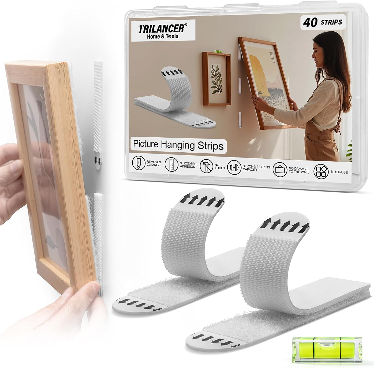 Trilancer Picture Hanging Strips Heavy Duty, 20 Pairs(40 Packs) Damage-Free Adhesive Wall Hanging Strip for Picture Frames,Wall Art,Decoration,No Nails or Tool Needed,Clean Removal for Smooth Surfaces image number 2