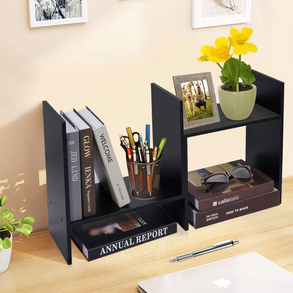 Office Desktop Bookshelf Adjustable Large Wood Display Shelf Desktop Organizer Office Storage Rack Countertop Bookcase Office Supplies Desk Organizer Accessories (Black) - Black image number 4