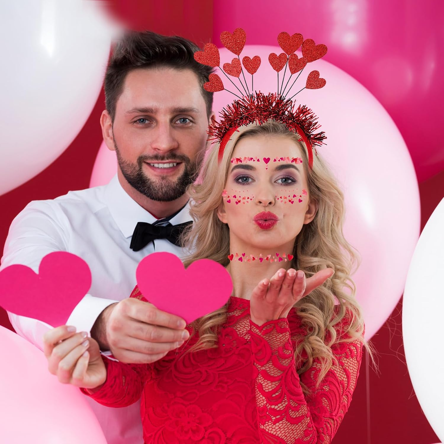 Heart Headband Glitter Headband with Heart + Heart Face Sticker, Heart Headband Red, Heart Face Sticker Face Tattoos, Red Hearts Headband Children Girls for Valentine'S Day Carnival Halloween image number 4