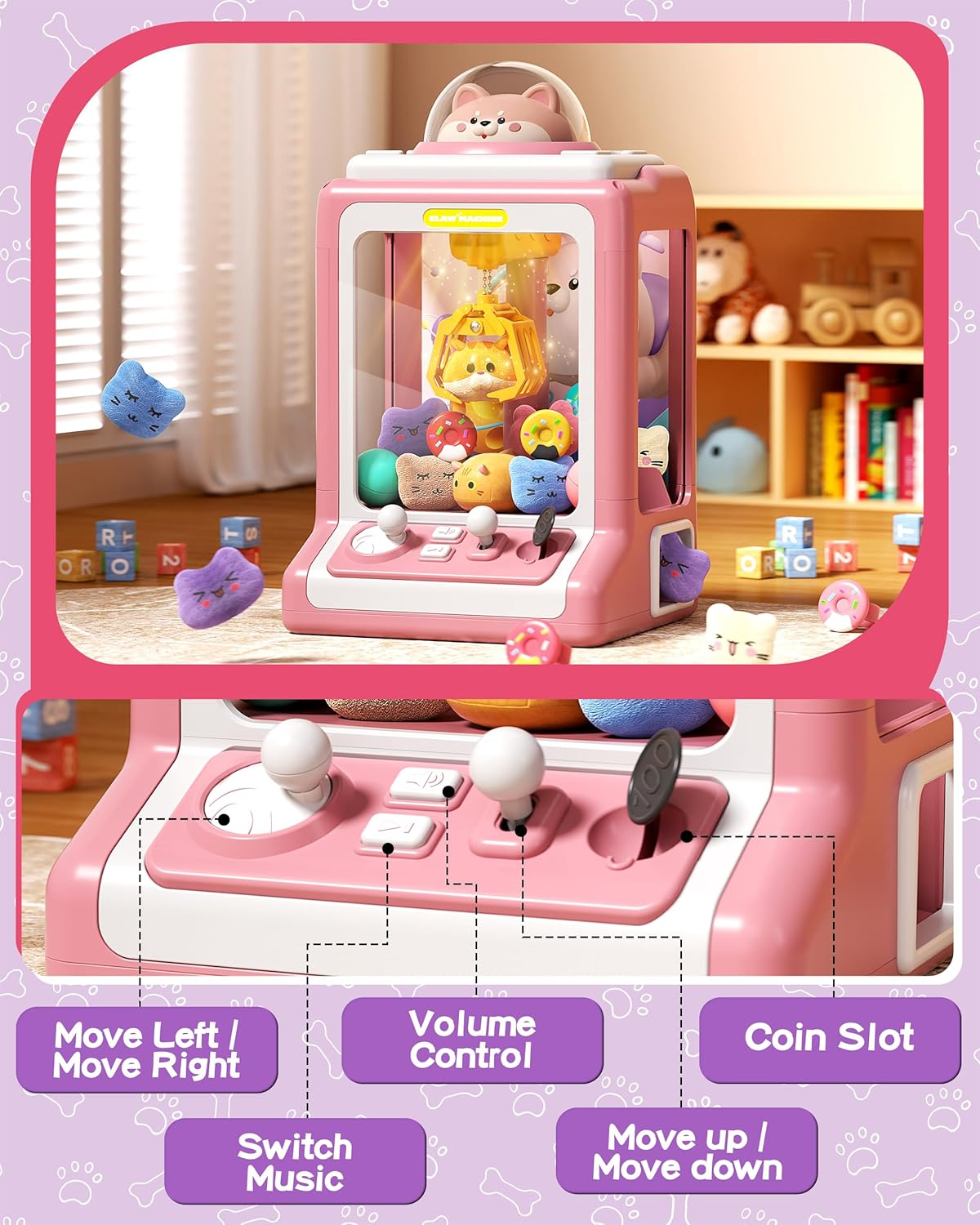 Claw Machine for Kids, Mini Vending Machine with Game Coins & Music, Prize Dispenser Toys for Girls and Boys, Electronic Claw Game Machine for Party Birthdays, Includes 35 Mini Toys (Doggy Pink) image number 5