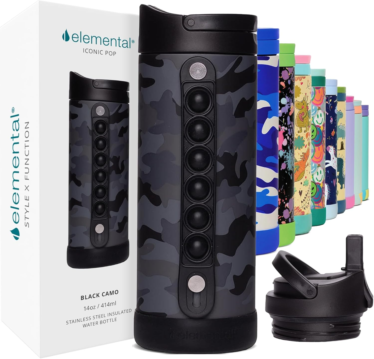 Elemental Iconic Kids Water Bottle - Leak Proof Insulated Water Bottle with Straw Lid & Stress Relief Pop It Handle - Stainless Steel Triple Wall Bottle for School, Bpa-Free, 414Ml - Lilac Tie Dye