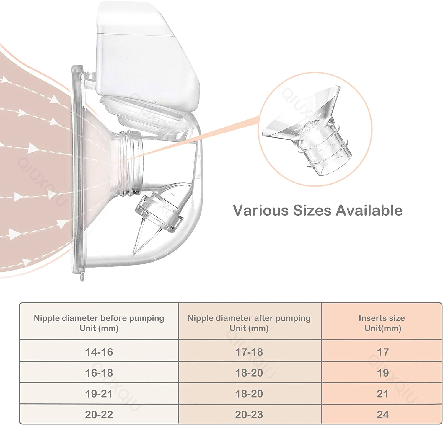 QIUXQIU Wearable Breast Pump Accessories Bpa-Free Replacement Parts Flange Inserts 17+19+21Mm Set for QIUXQIU 24Mm Breast Pump S9/S10/S12 Parts Replace