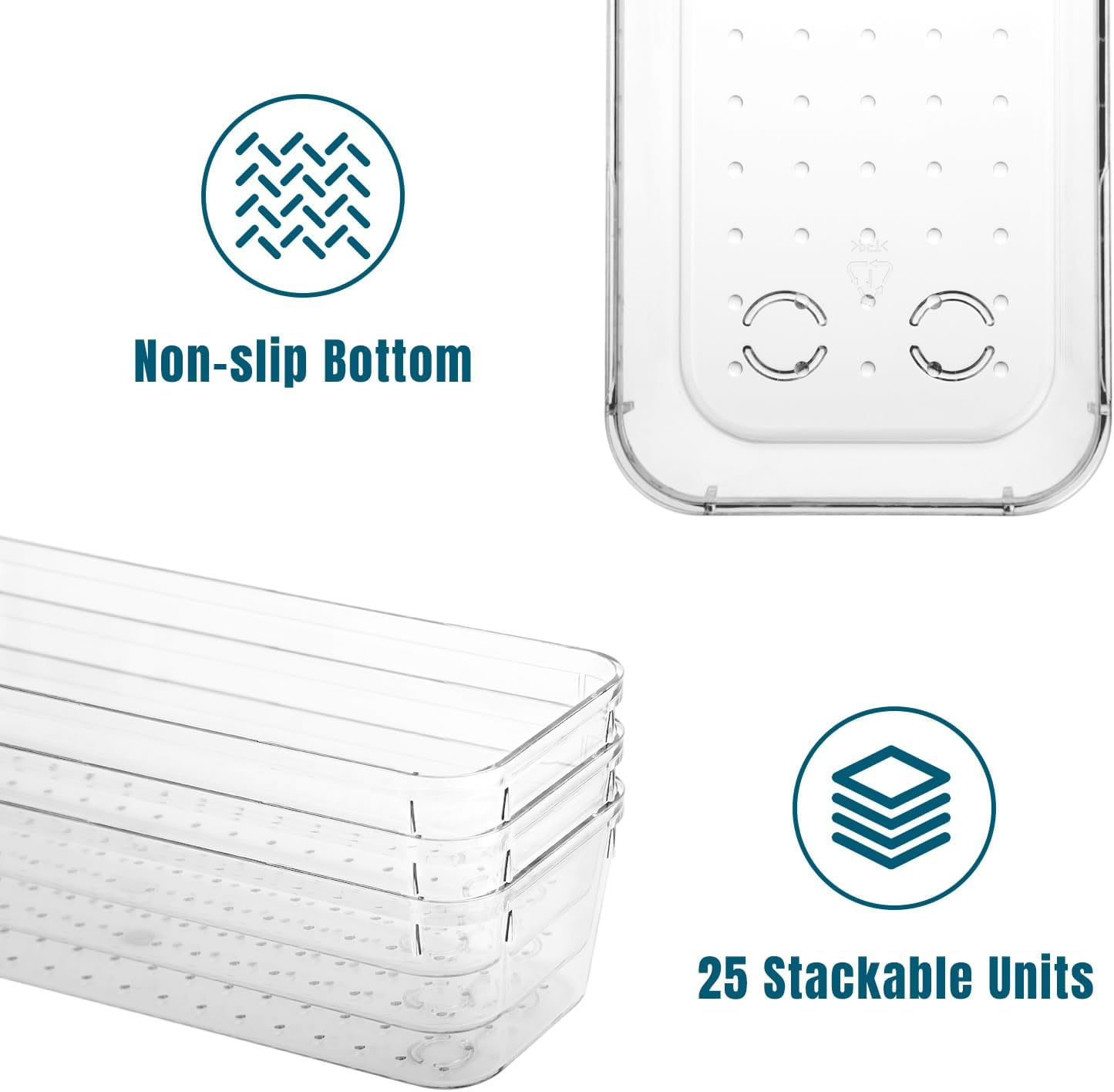 Stelive 25 PCS Clear Plastic Drawer Organisers Set, 4-Size Versatile Bathroom and Vanity Organiser Trays, Non-Slip Storage Containers & Bins for Makeup, Bedroom, Kitchen Utensils and Office image number 6