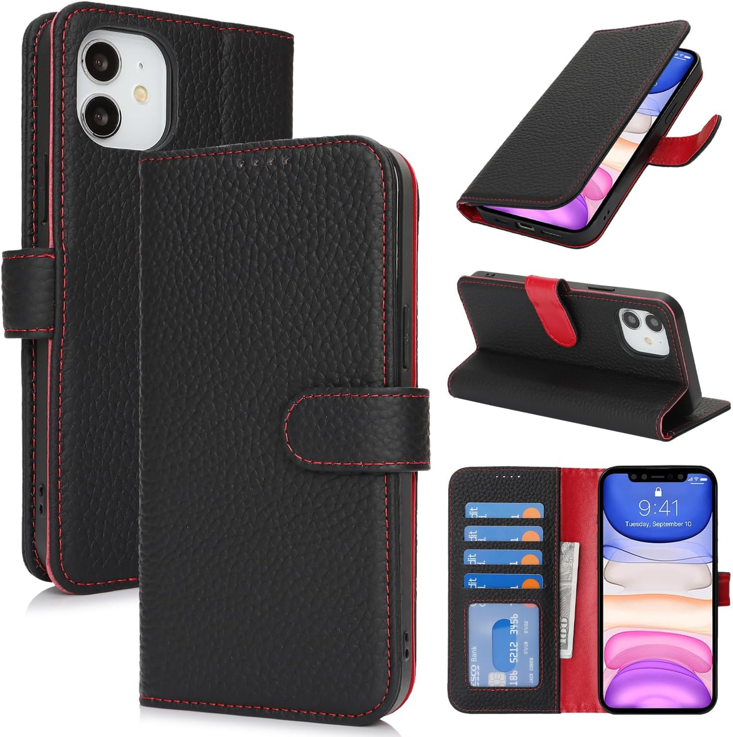 For Iphone 16E Case Genuine Leather Wallet for Iphone16E I16E Sunyoo Case Folio Porte Feuille Coque &Eacute;tui Funda Portefeuille Femmes Homme RFID Blocking Magnetic Book Flip Cover Black Red