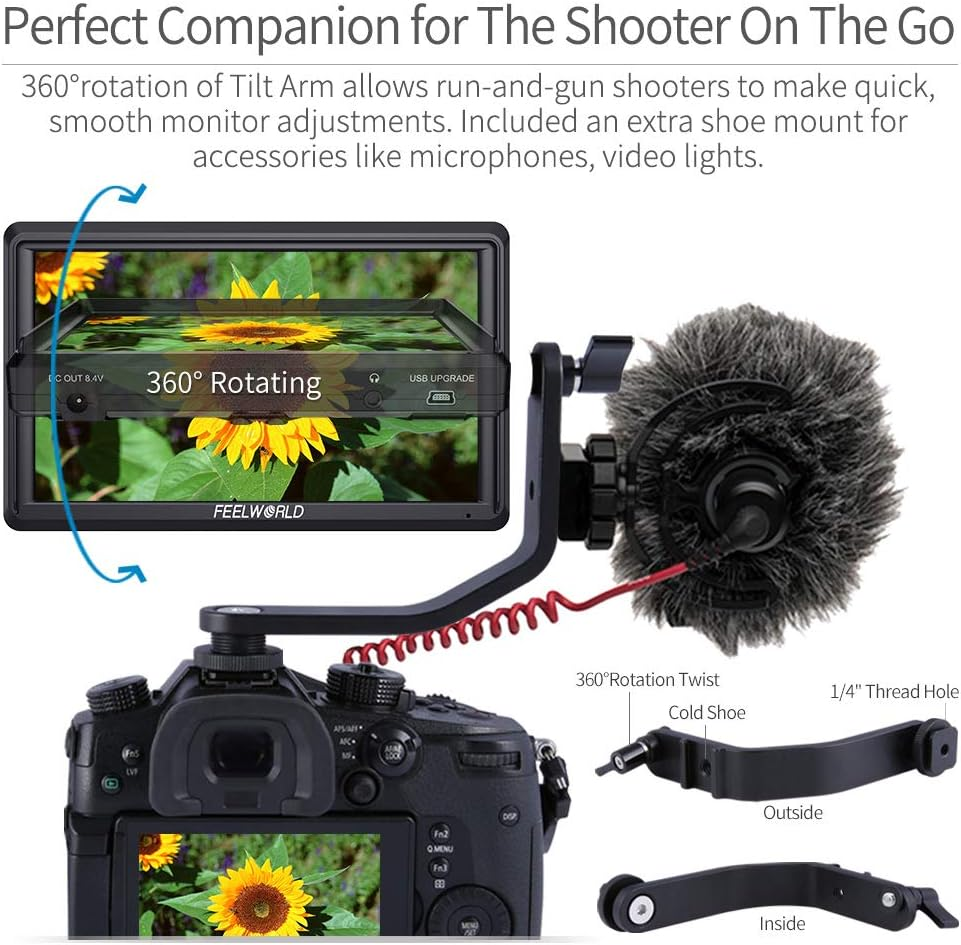 FEELWORLD FW568 6" Camera Field Video Monitor 4K HDMI Full HD 1920X1080 LCD 16:9 IPS Screen with Swivel Arm for DSLR Rig Sony Canon Nikon Olympus Pentax Panasonic