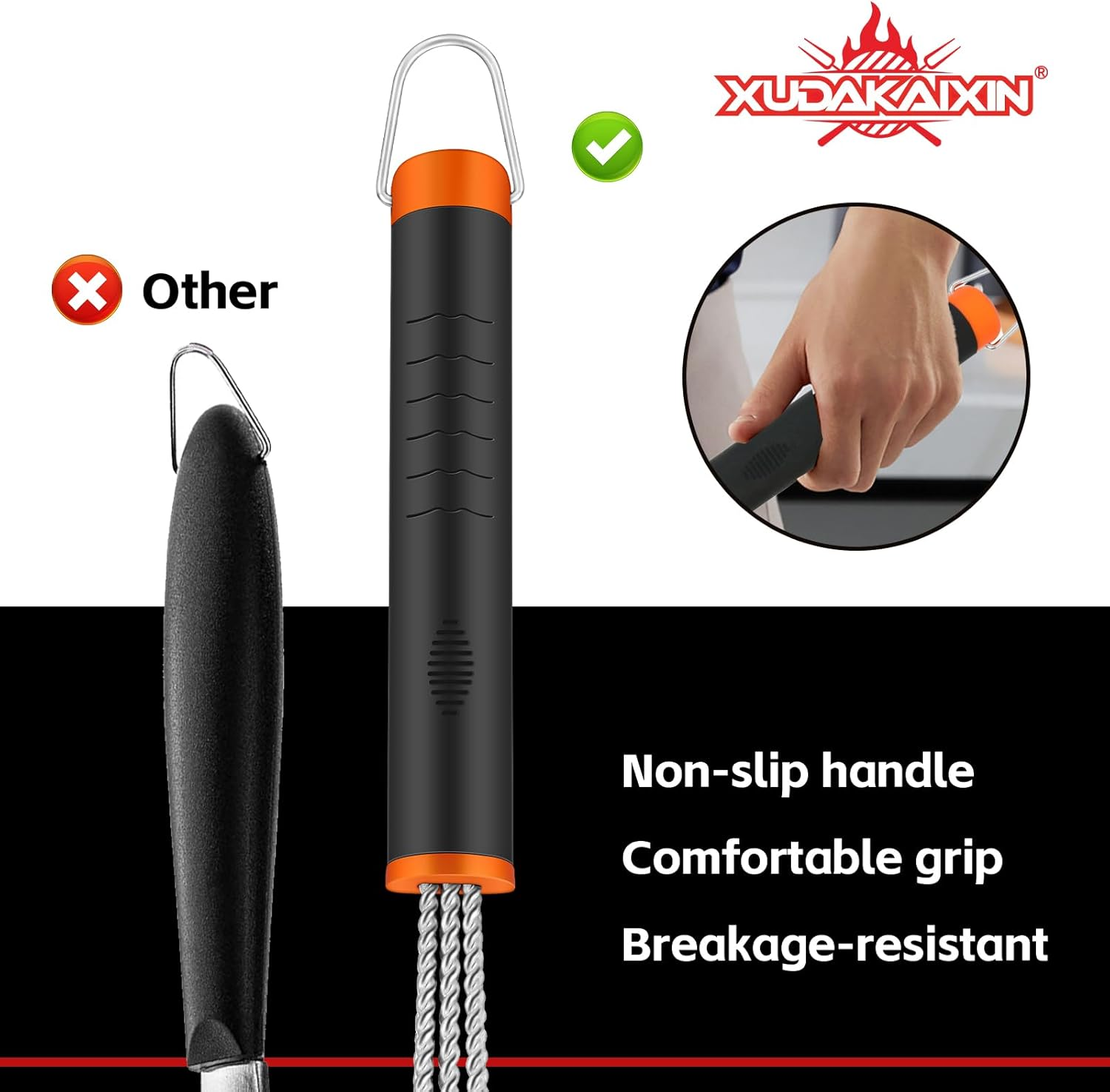 Grill Brush and Scraper, Safe Nylon Bristles Barbecue Triple Scrubbers Cleaning Brush for Cast Iron Grates/Porcelain/Weber Gas/Charcoal Grill，Extra Strong BBQ Cleaner Accessories (Red) - Black image number 3