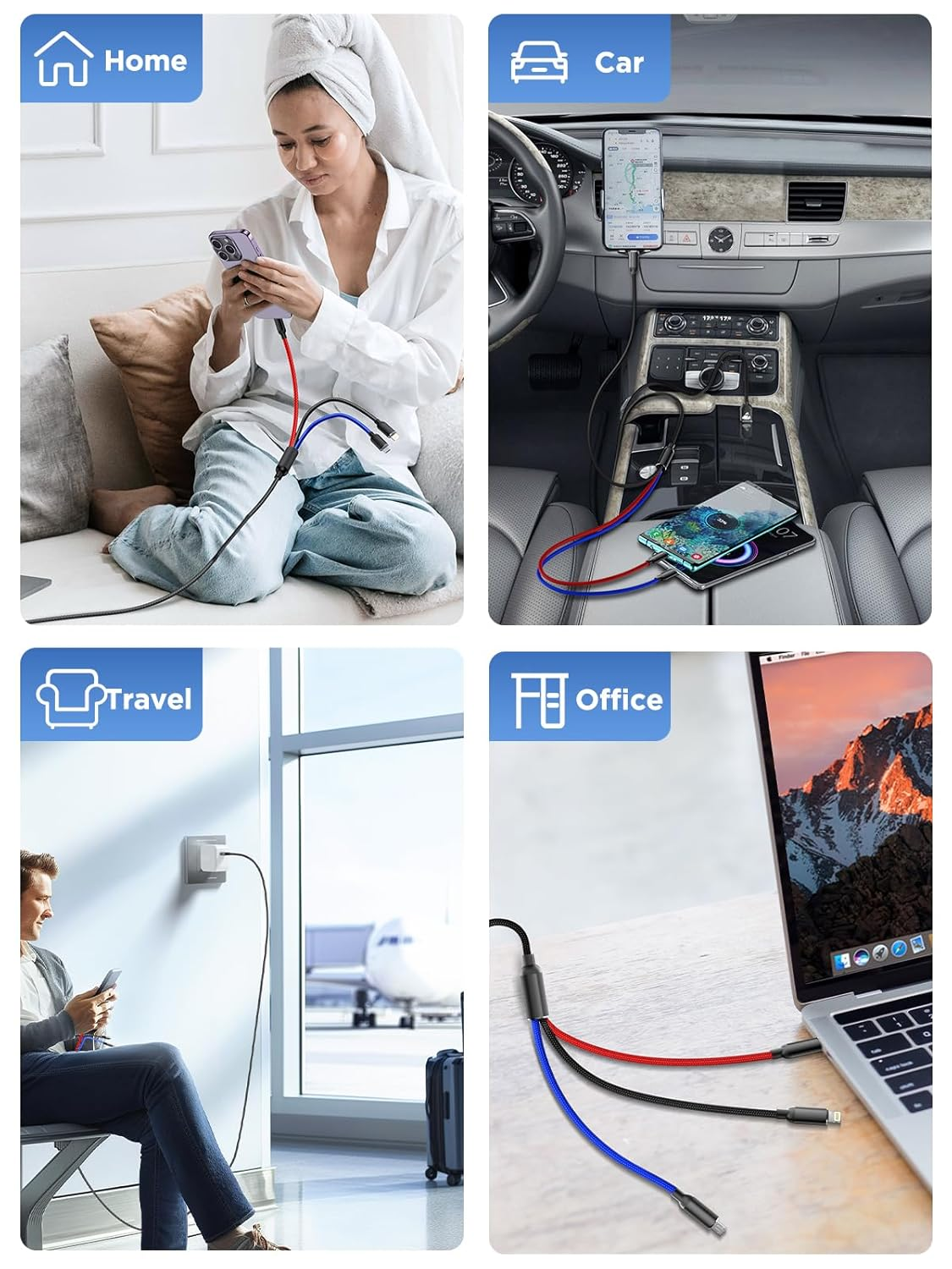 Aioneus 3 in 1 Charging Cable, Multi Charging Cable 1.2M USB C Cable 3-In-1 USB Fast Charging Cable with Type-C, Micro USB and Lightning Cable Compatible with Iphone, Galaxy, Ipad, Tablets, Huawei image number 5