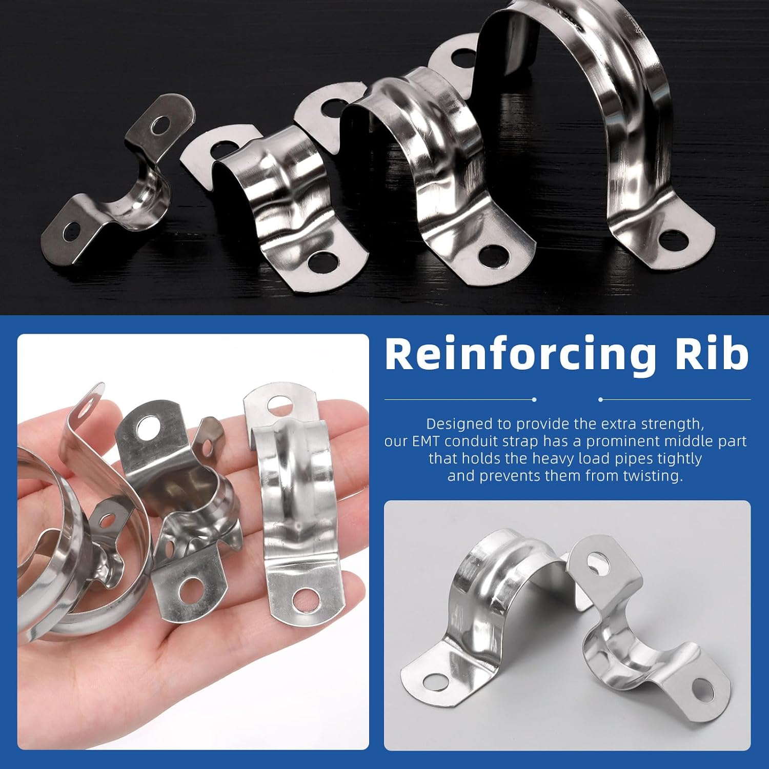 Glarks 50Pcs M8 Pipe Strap Clamp, 304 Stainless Steel 2 Hole Strap Heavy Duty Rigid Pipe Strap U Bracket Tube Strap Cable Clamp Hanger Tension Tube Clip for Pipe Tube Cable Fixing (12Mm (1/2")) image number 6