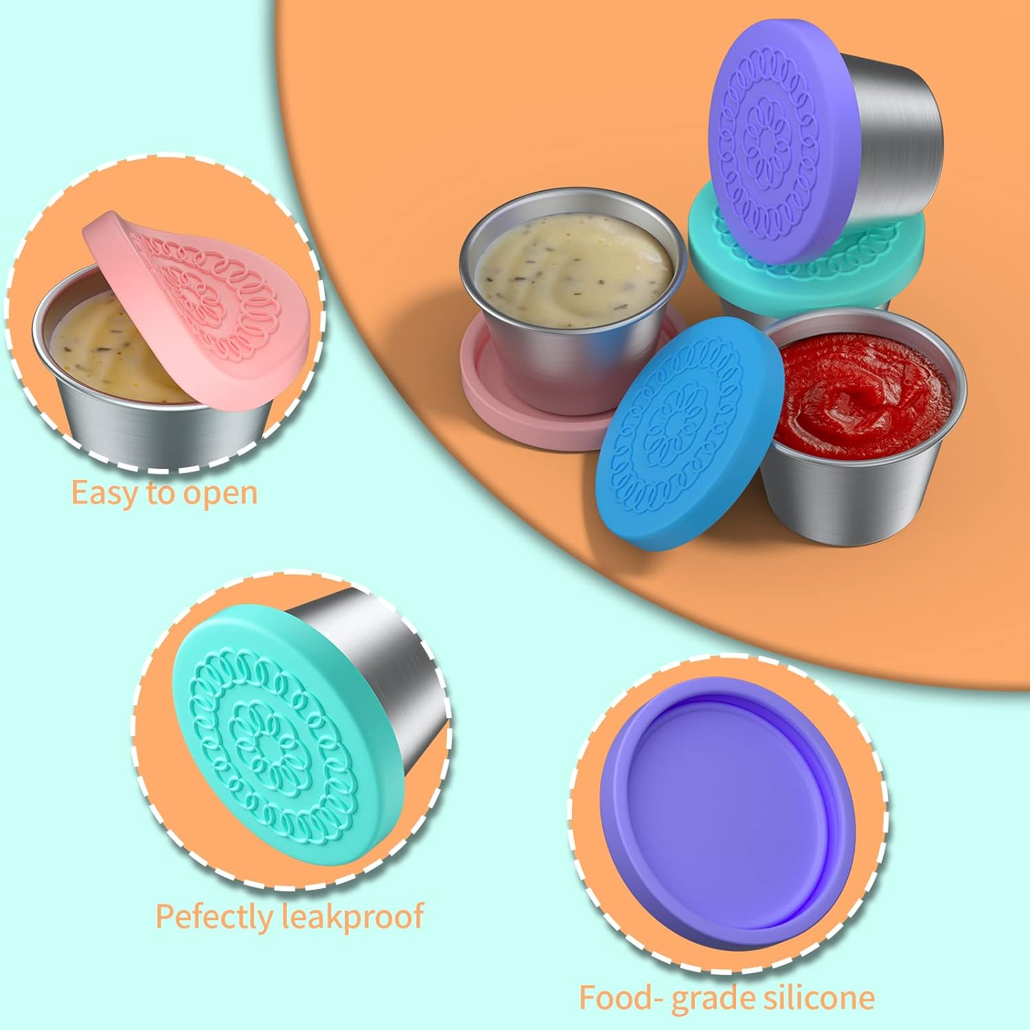 Salad Dressing Container to Go, 2.4 Oz/70Ml Snack Lunch Containers for Kids Lunch, 4 Pack Small Condiment Containers with Leakproof Lids, Reusable Sauce Cups for Kitchen School Picnic Travel,No BPA. image number 3