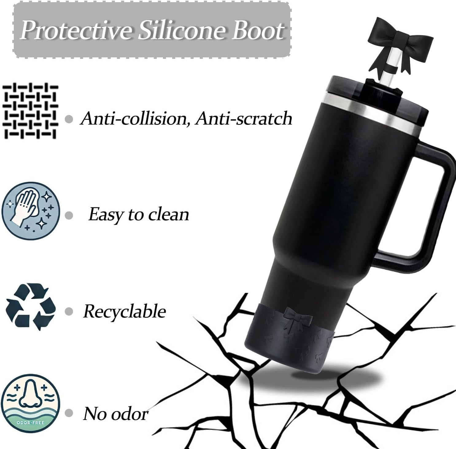 Lnulyaciy Bow Silicone Protective Boot for Stanley Cup 20/30/40Oz, Bow Straw Cover Topper with 10Mm/0.4In, Compatible 12-24Oz Hydroflask Tumbler and More Bottles 2.83-3In Bottom (Black Set)