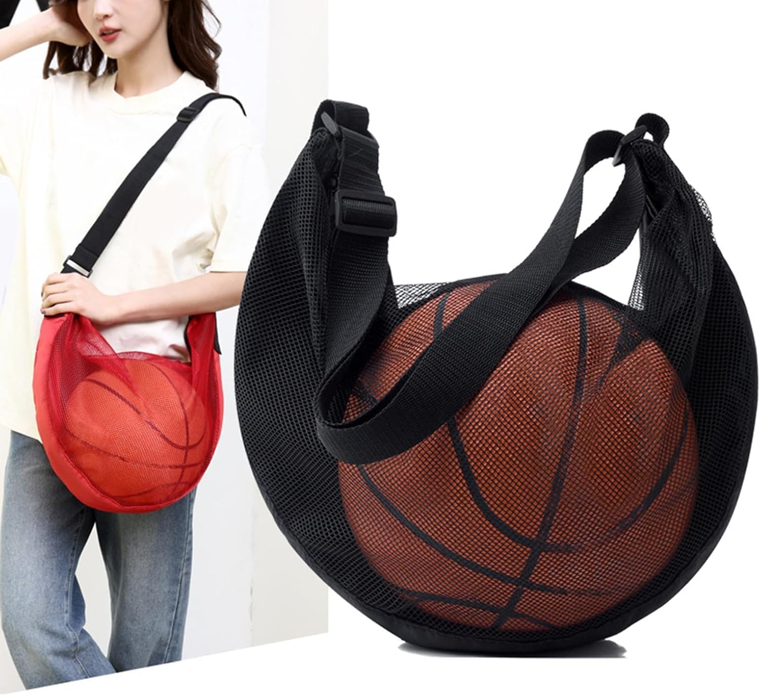 Mesh Basketball Shoulder Bag, 1Pc Single Ball Carrier, Crossbody Sports Bag, Crossbody Single Mesh Shoulder Ball Carrier image number 3