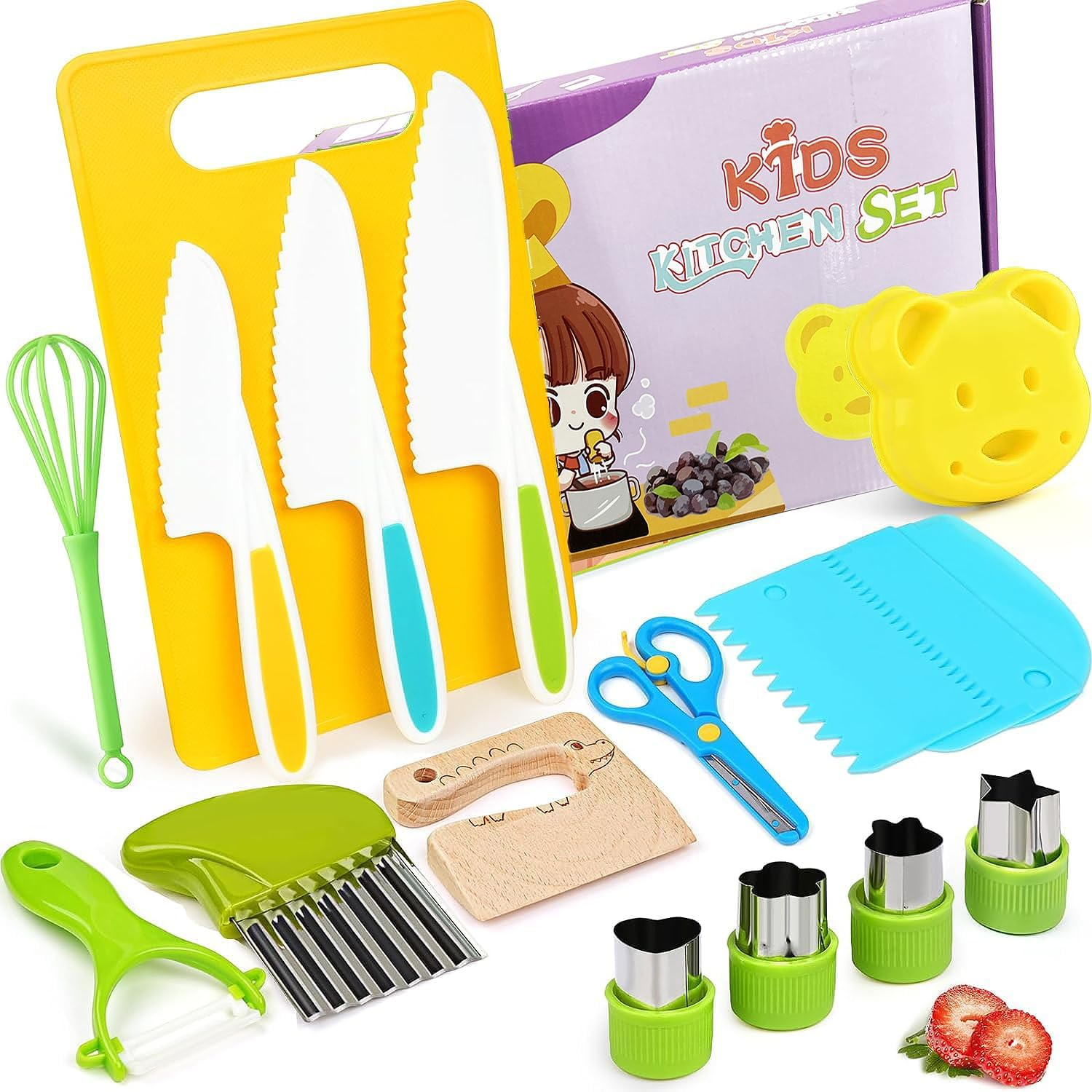 17Pcs Wooden Kids Kitchen Knife, Kids Knife Set with Cutting Board Bear Sandwich Cutter Fruit Vegetable Cutters Serrated Edges Plastic Knifes for Real Cooking Kid Safe Knives image number 2