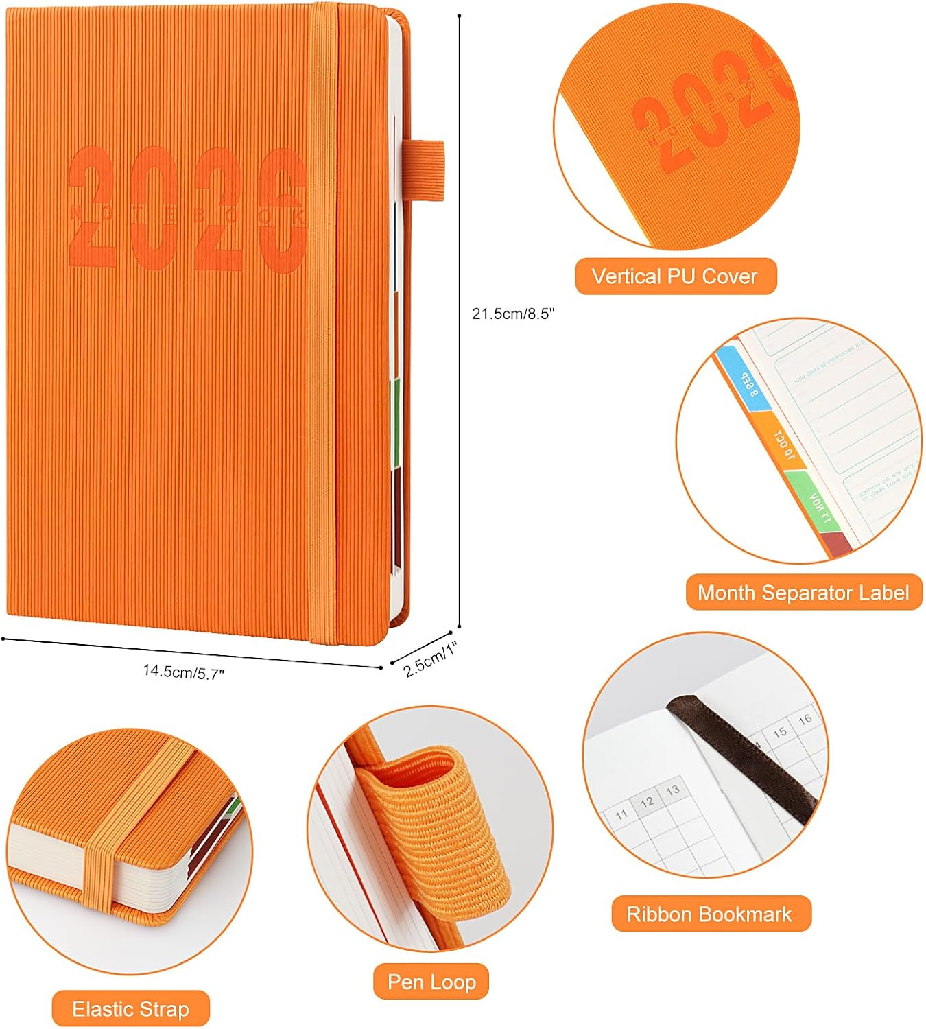 JUNART 2026 Academic Diary A5 Daily Planner from Jan. 2026-Dec. 2026 Weekly & Monthly Diary,Schedule Planner,Teacher Planner with Elastic Strap Pen Loop(Orange)