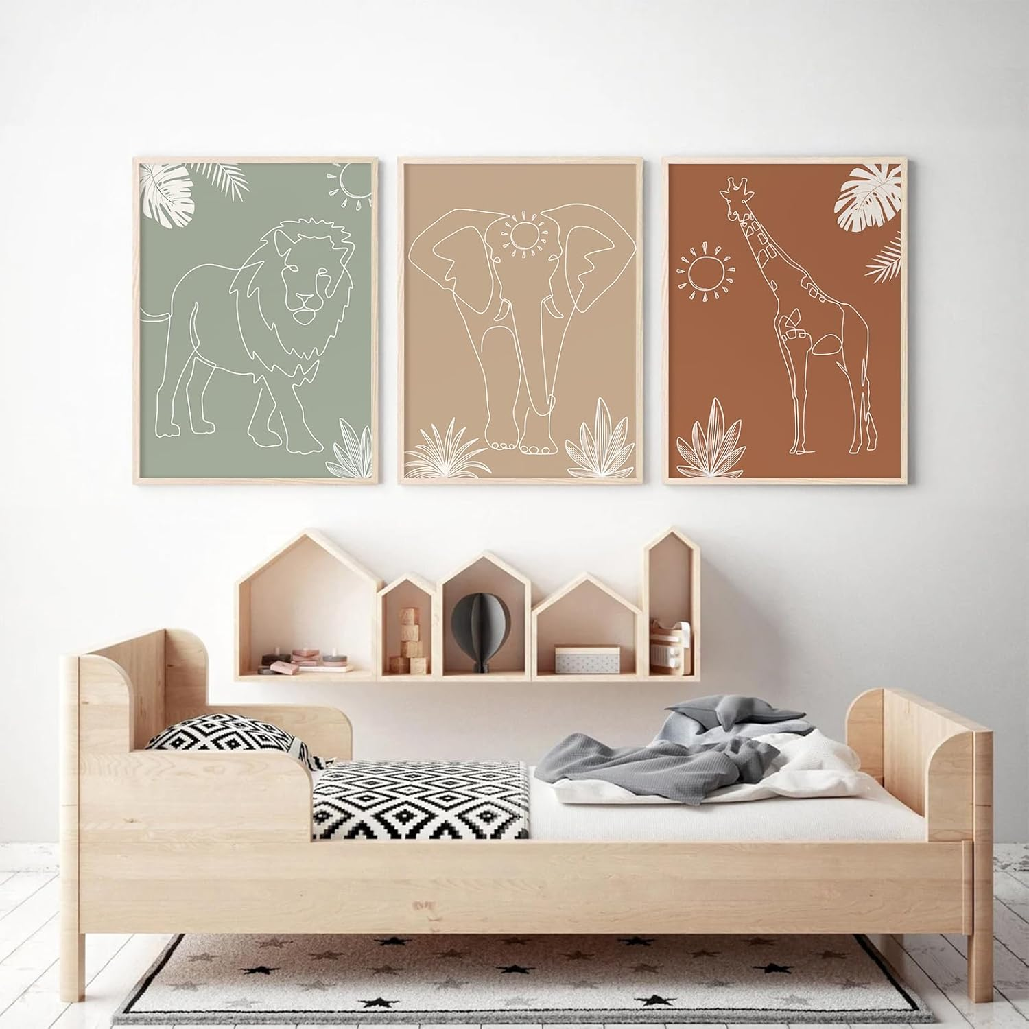 Safari Nursery Wall Art Pictures Baby Animal Canvas Wall Decor Boho Jungle Wall Art Kids Minimalist Poster Elephant Giraffe Lion Prints Nursery Safari Artwork for Bedroom 12X16 Inch Unframed Set of 3