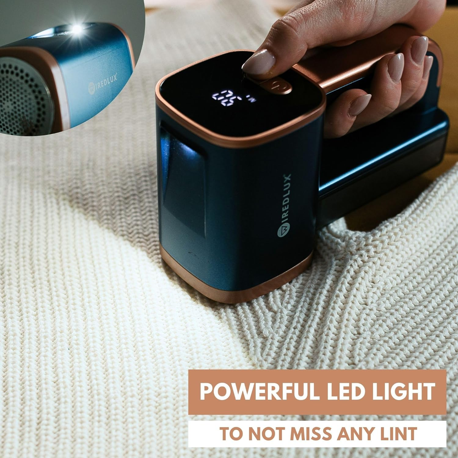 Electric Lint Remover - Rechargeable Fabric Shaver for Clothes & Furniture - Adjustable 3-Speed, 6-Leaf Blade, LED Light, USB Charging - Debobbler with Dual Protection (Cobalt Blue/Copper) image number 2