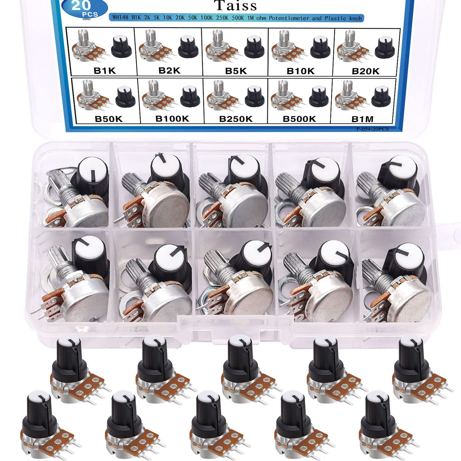 Taiss 20PCS Potentiometer Kit with Knobs B1K 2K 5K 10K 20K 50K 100K 250K 500K 1M Ohm Potentiometers Assortment 3 Terminals Linear Taper Rotary Audio B Type Potentiometer,Volume Control Potentiometer image number 4
