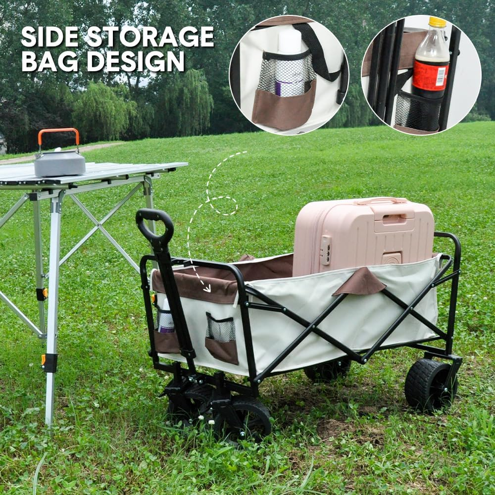 Folding Wagon Cart Camping Cart Beach Trolley Heavy Duty Collapsible Wagon Adjustable Utility Grocery Wagon with Pockets, Adjustable Angle Handle Large Wheels with Lock, 200KG Loading image number 6