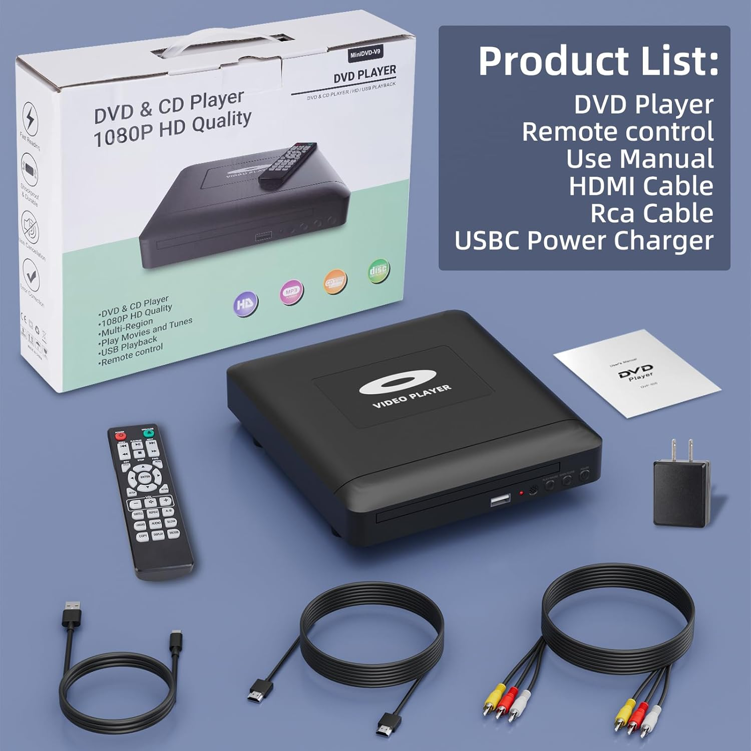 Mini HD DVD Player with Hdmi, HD DVD Player for TV, Multi Region DVD Player for Smart TV, HDMI/RCA Output Cable Included, 1080P, Breakpoint Memory,Not Blu-Ray, Built-In PAL/NTSC, CD Players for Home image number 1