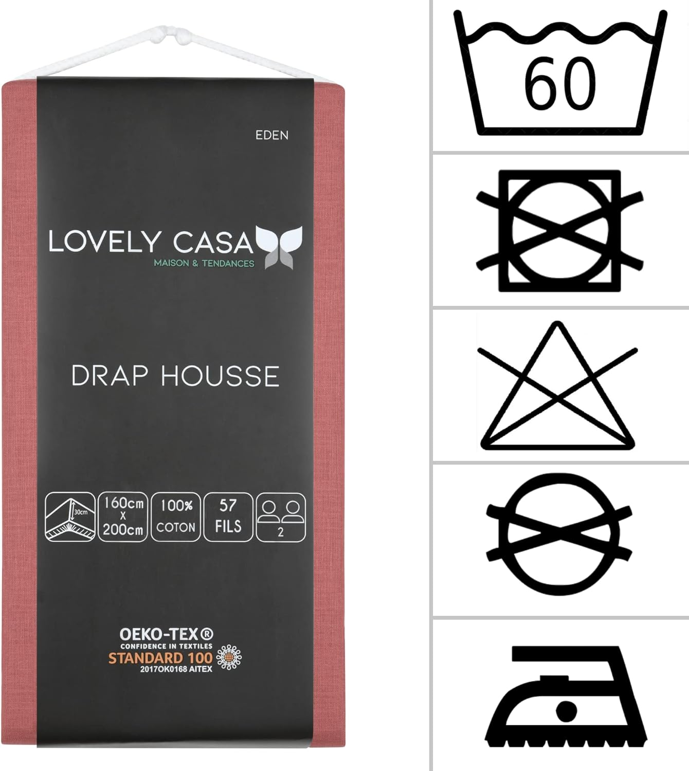 Lovely Casa - Fitted Sheet - Size 160 X 200 Cm - Large 30 Cm - 100% Oeko-Tex Certified Cotton - Colour Grenache - Model Eden - Bed Linen for Home - Soft and Comfortable for a Cosy Nest image number 4