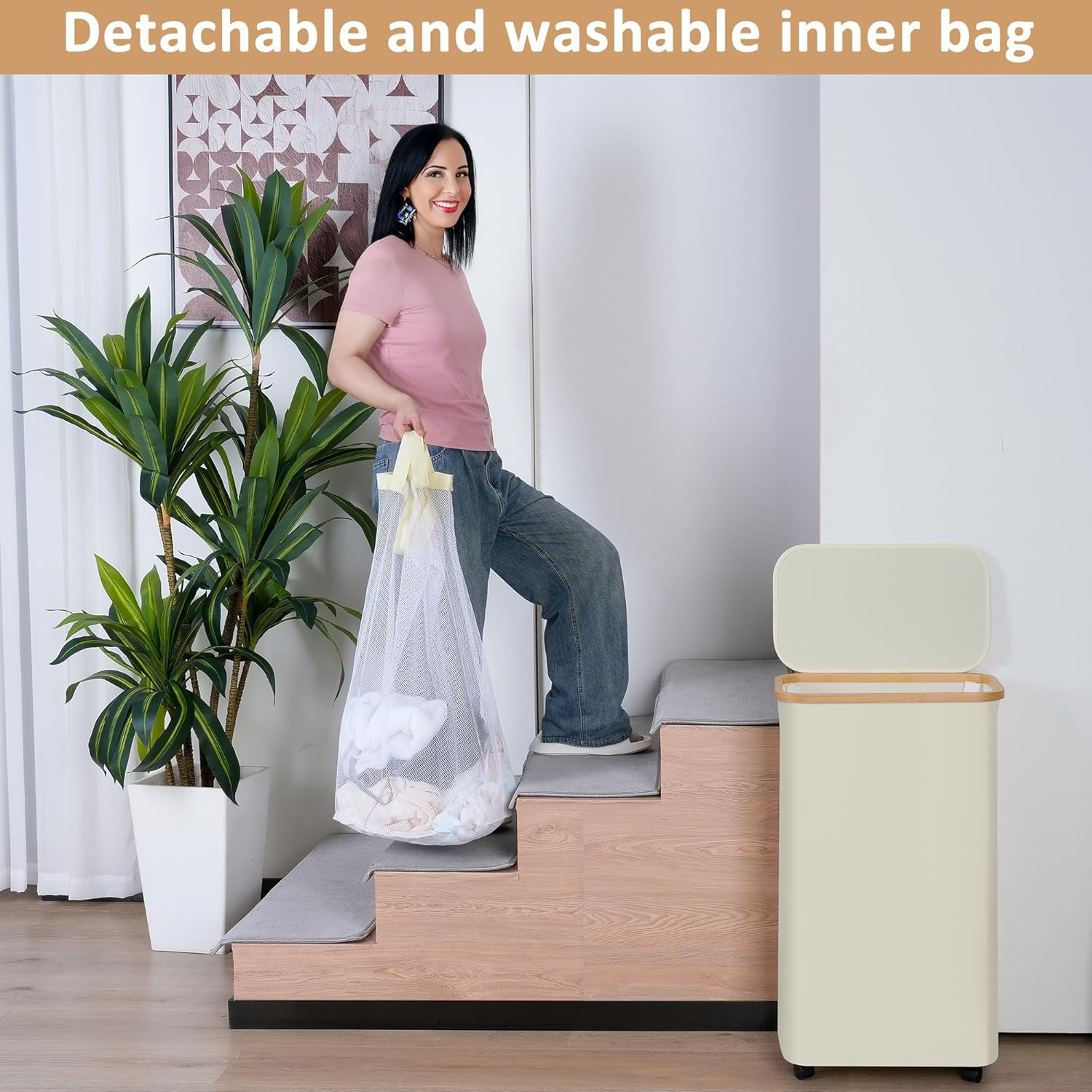 Iegrow Laundry Basket with Wheels 75 L, Laundry Hamper Slim with Removable and Washable Inner Bag, Laundry Baskets Laundry Baskets with Lid for Clothes, Toys, Towels (Beige)