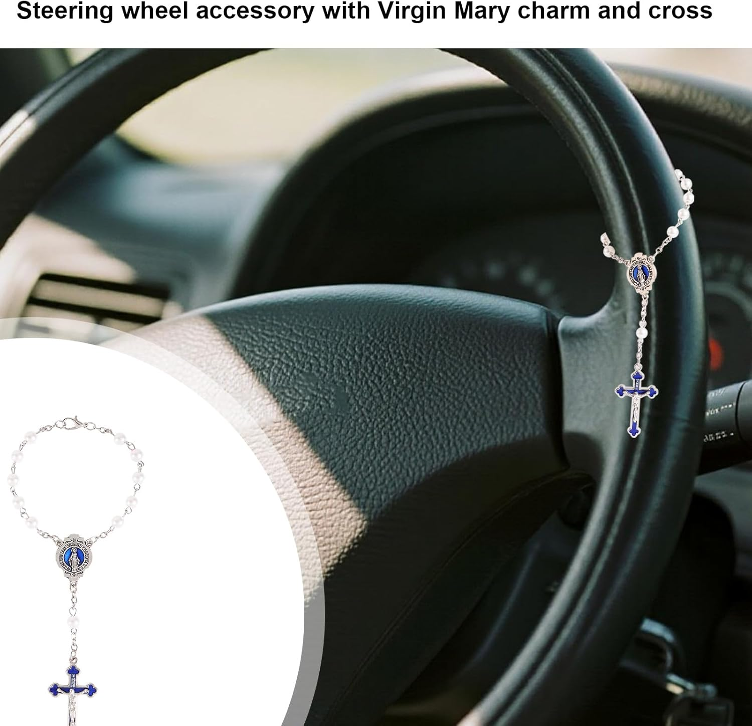 Steering Wheel Rosary Charm, Silver Catholic Car Accessory with Virgin Mary Crucifix and Pearls Rear View Mirror Hanging Ornament for Men & Women image number 1
