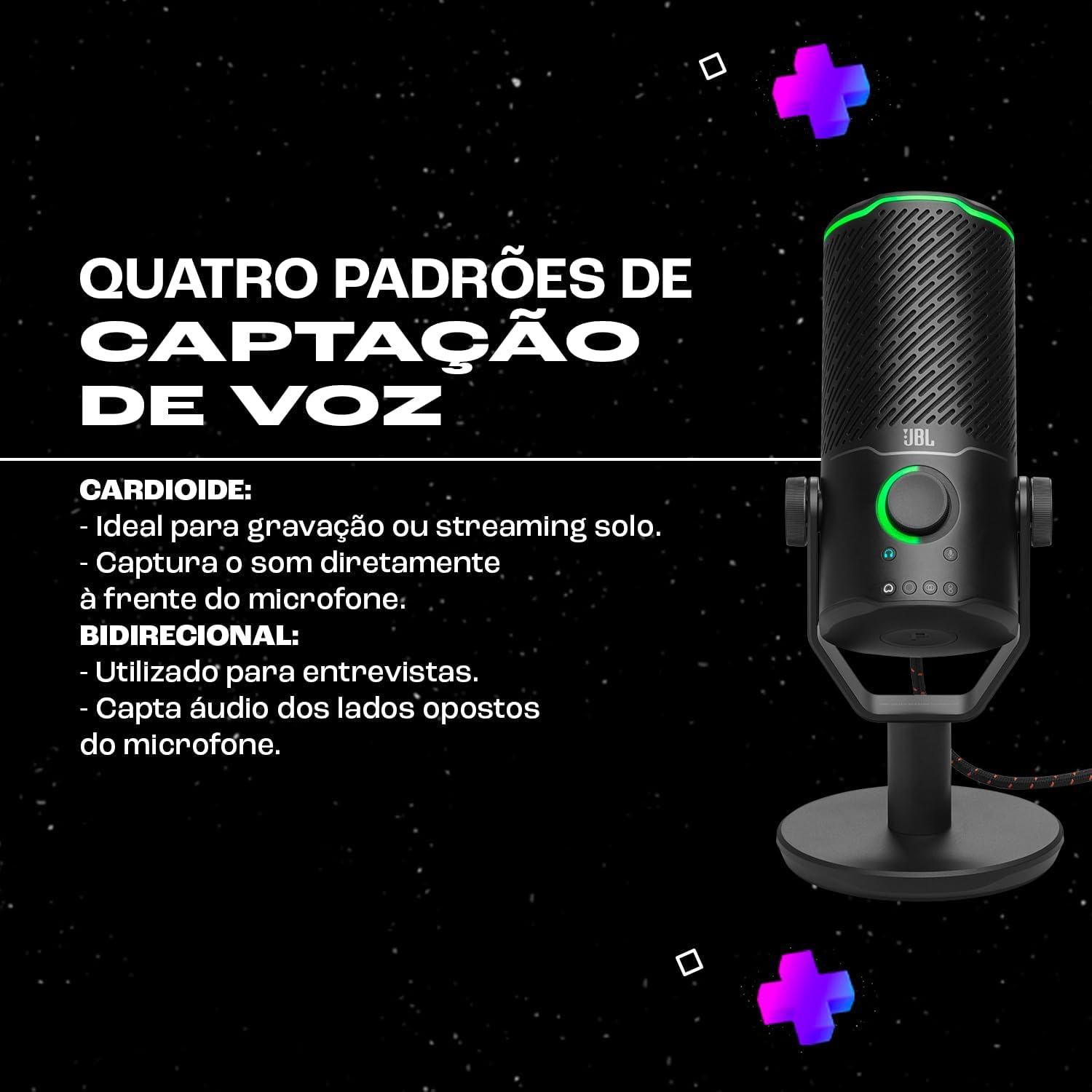 JBL Quantum Stream Studio, Triple Condenser Microphones for Perfect Streaming, Four Selectable Voice Pick-Up Patterns, Tap-To-Mute Button with RGB Ring Indicator, RGB VU Meter, Chrome