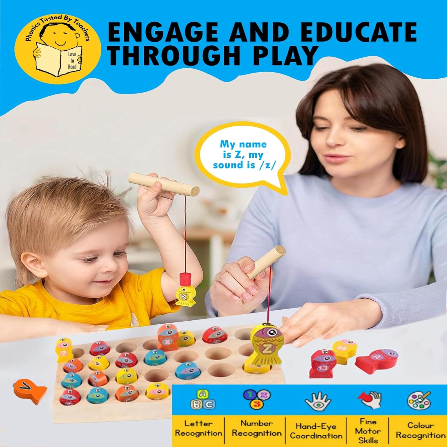 Tested by Teachers Magnetic Fishing Game &ndash; Montessori ABC Alphabet Colour Sorting Toy for Toddlers 2 3 4 &ndash; Learn Letters, Sounds & Motor Skills &ndash; Includes Poles, Tongs, Storage Bag & Activities