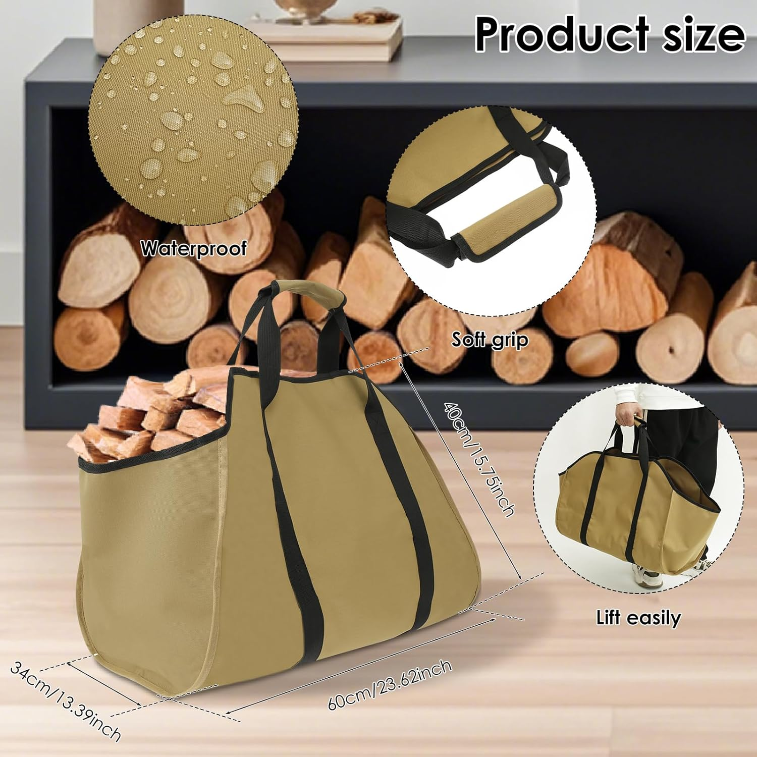 UKQRRTC Firewood Carrier Bag, Sturdy Oxford Cloth Log Carrier, Waterproof, Foldable Wood Carrier for Indoor or Outdoor Camping (Khaki) - Green image number 4