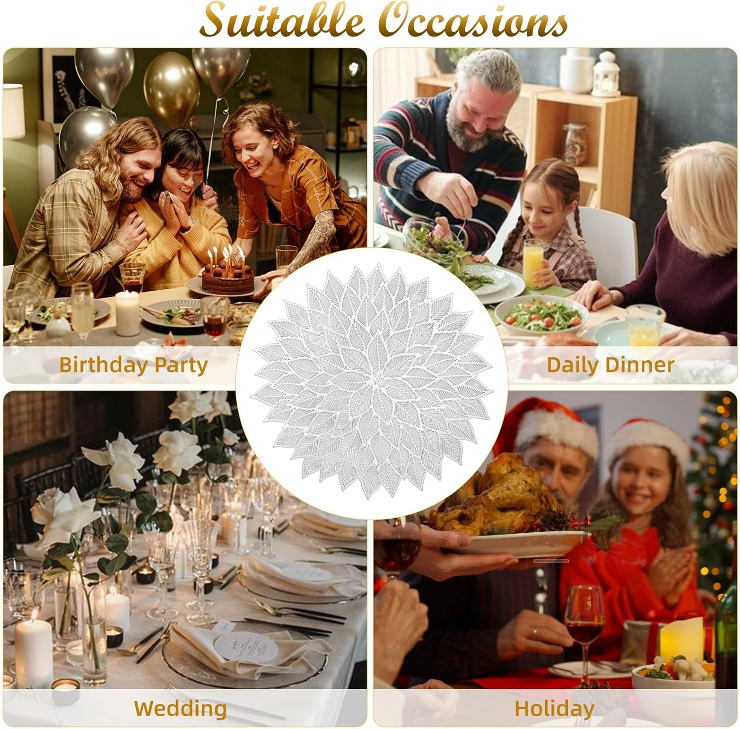 Placemats Set of 6, round Hollow Out Flowers Place Mats for Dining Table Pressed Vinyl Blooming Leaf Table Mats for Holiday Party Wedding Accent Centerpiece Dinner Table Decoration (Silver) image number 6