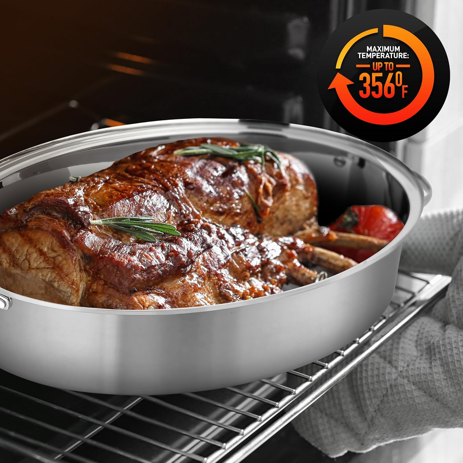 Nutrichef 20" Oval Roasting Pan with Rack and Lid - Premium Stainless Steel Roaster Dish W/Wide Handles & Removable Rack, Multi-Use Cookware for Turkey, Chicken, Stews, & More - Dishwasher Safe image number 6