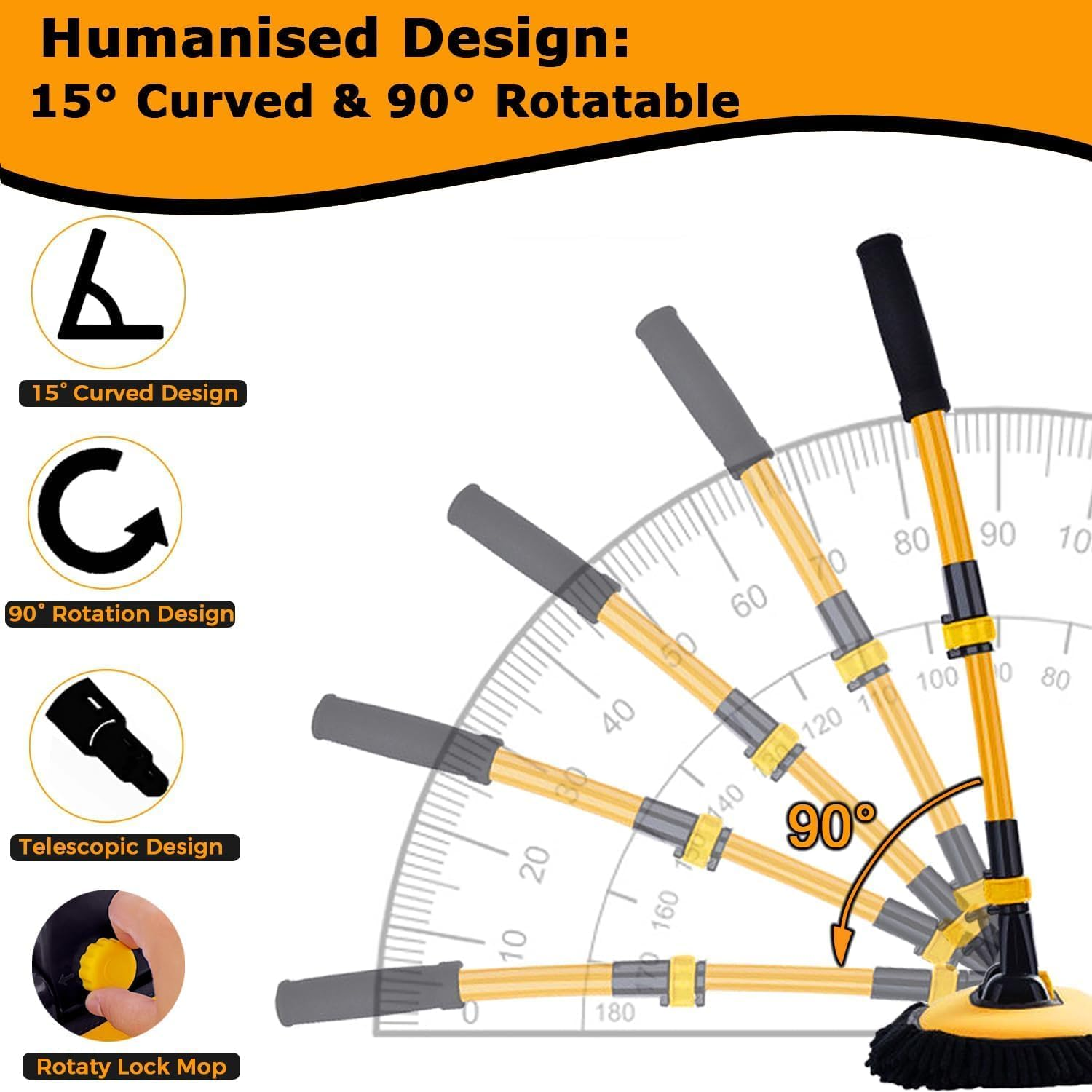 15&deg; Curved Car Cleaning Brush Car Wash Brush with Telescopic 43" Aluminum Alloy Handle for Soft Chenille Head Wash Mop for Scratch Free Cleaning of Caravans, Vans, Trucks, Boats, RV Roofs image number 2