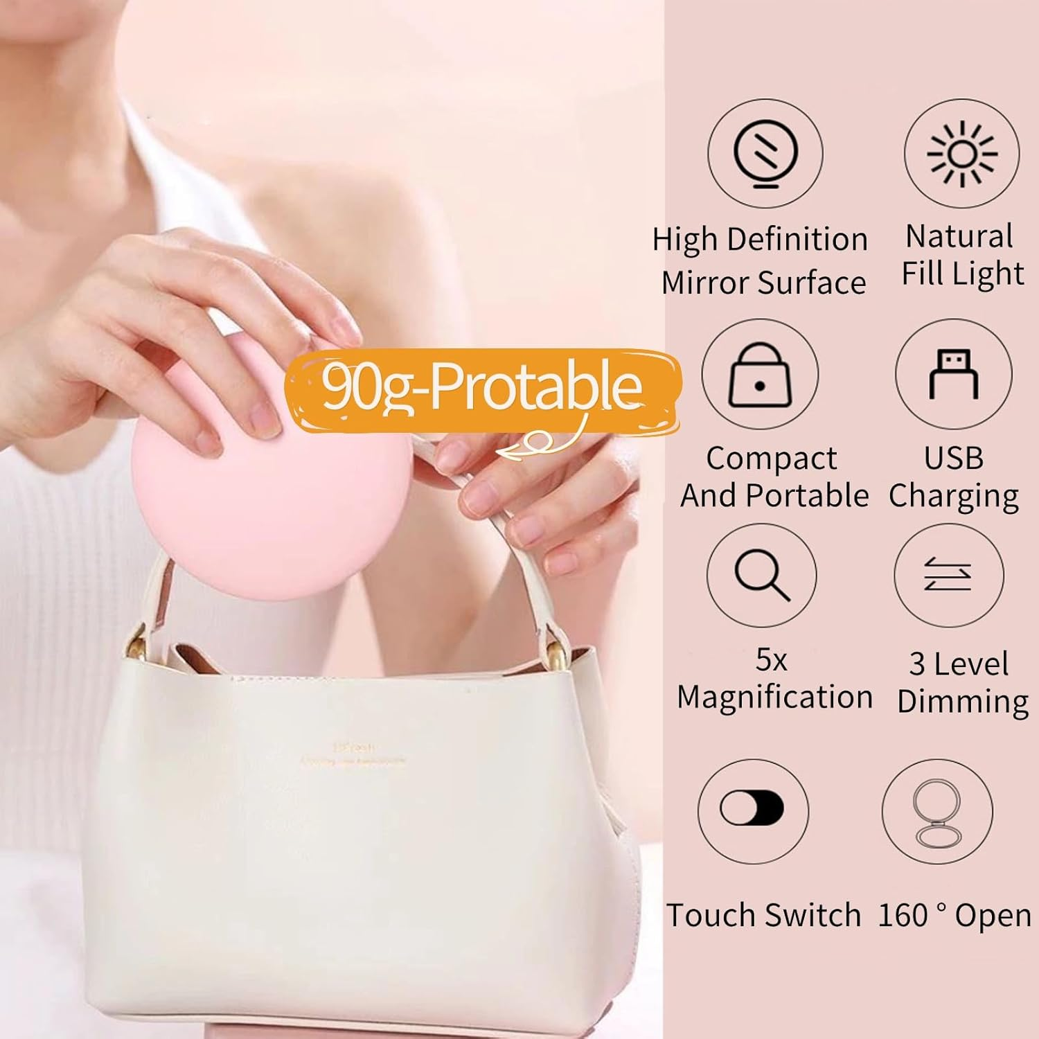 Pocket Mirror, 5X Magnification LED Compact Travel Makeup Mirror with Light for Purse, 2-Sided, Portable, Folding, Handheld, 3.5 Inch Illuminated,Small Lighted Mirror for Gift, Pink image number 6