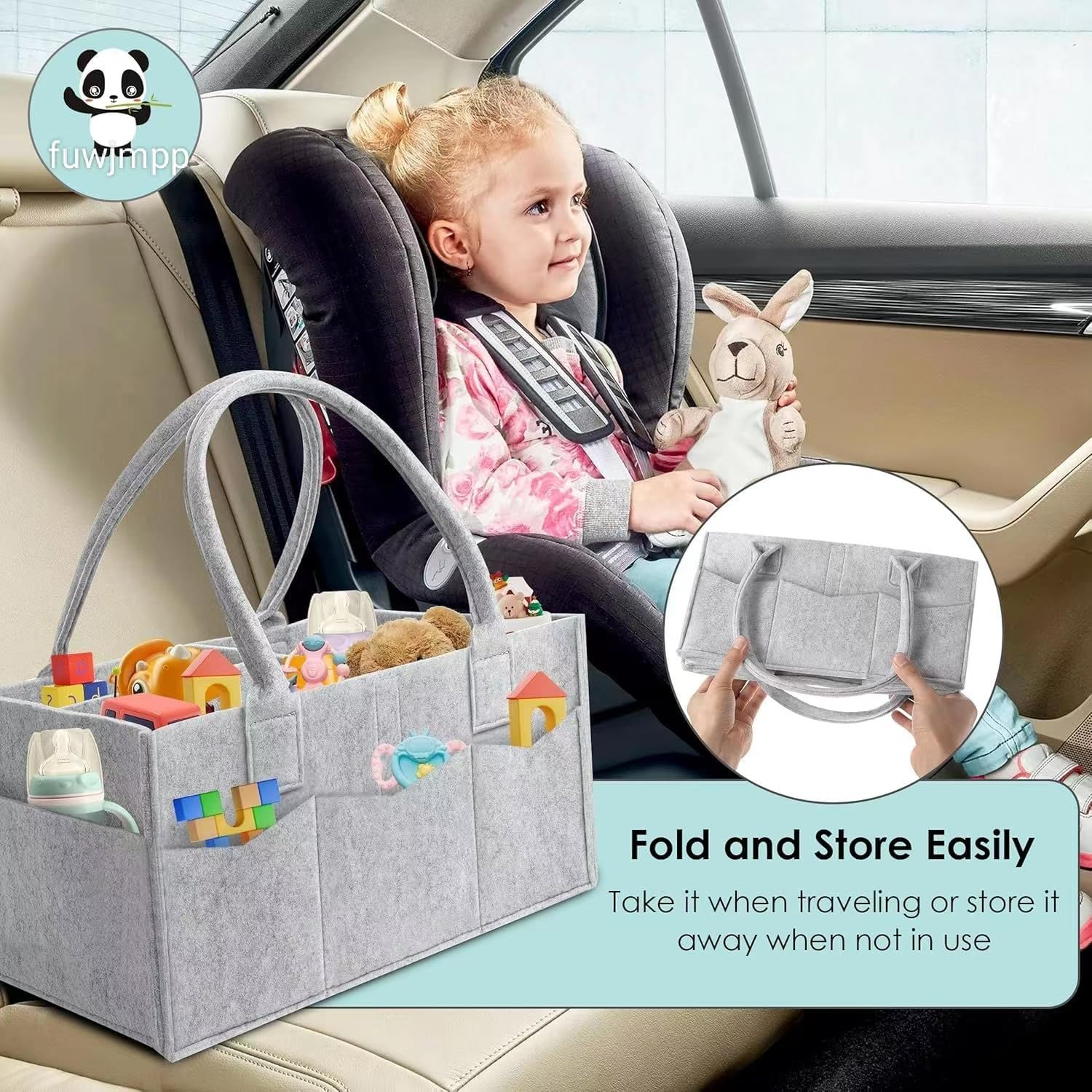 Diaper Caddy Organiser with Handle- 2-Pack Foldable Nursery Tote Storage Bin & Car Organiser for Diapers, Wipes, and Baby Essentials -Portable Car Travel Organizer Toys Storage Bag with Multi Pockets