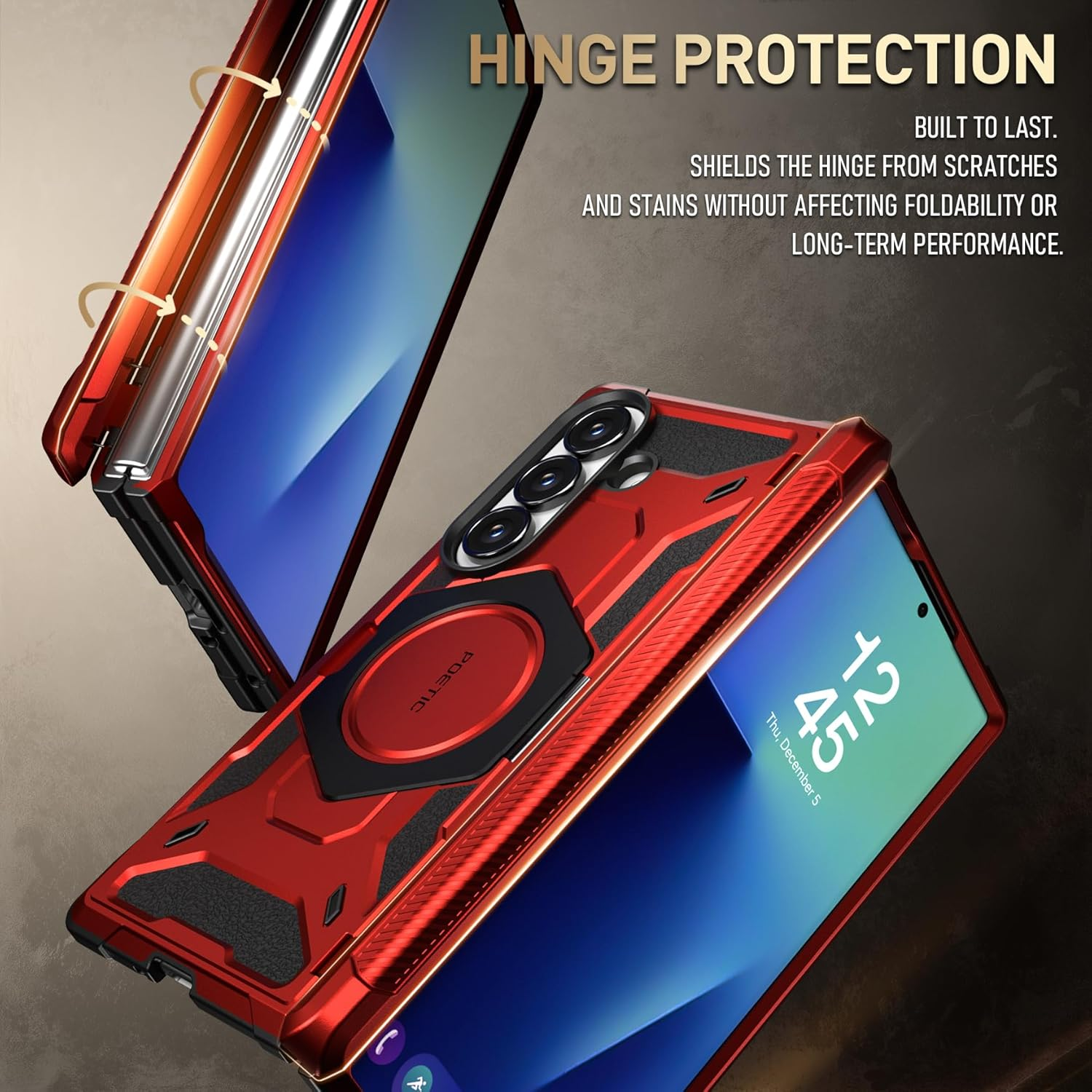 Poetic Spartan for Samsung Galaxy Z Fold 7 Case, [Hinge Protection][Magnetic Ring Adjustable Stand][Built-In Screen Protector][Compatible with Magsafe] Full-Body Rugged Phone Case, Metallic Red - Metallic Orange image number 3
