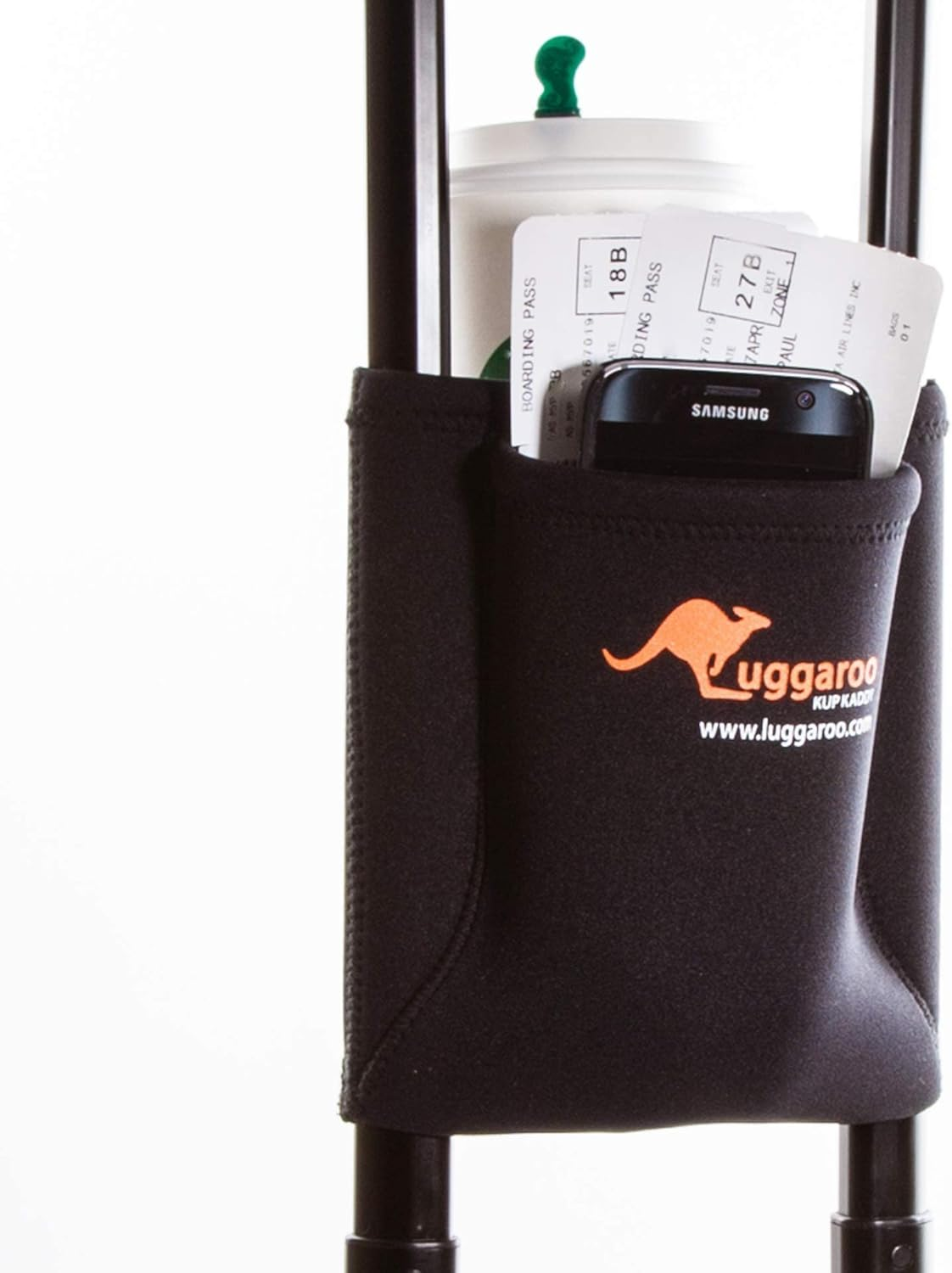 Luggaroo Kup Kaddy - the Original Premium Carry on Luggage Cup Holder - Travel Accessory for Air Travelers - Securely Transport Coffee to Go Cups, Plastic or Glass Bottles, Cans, Snacks, Smartphones, Boarding Passes, Magazines, Newspapers, You Name It! Stows Flat for Quick Easy Storage., Black