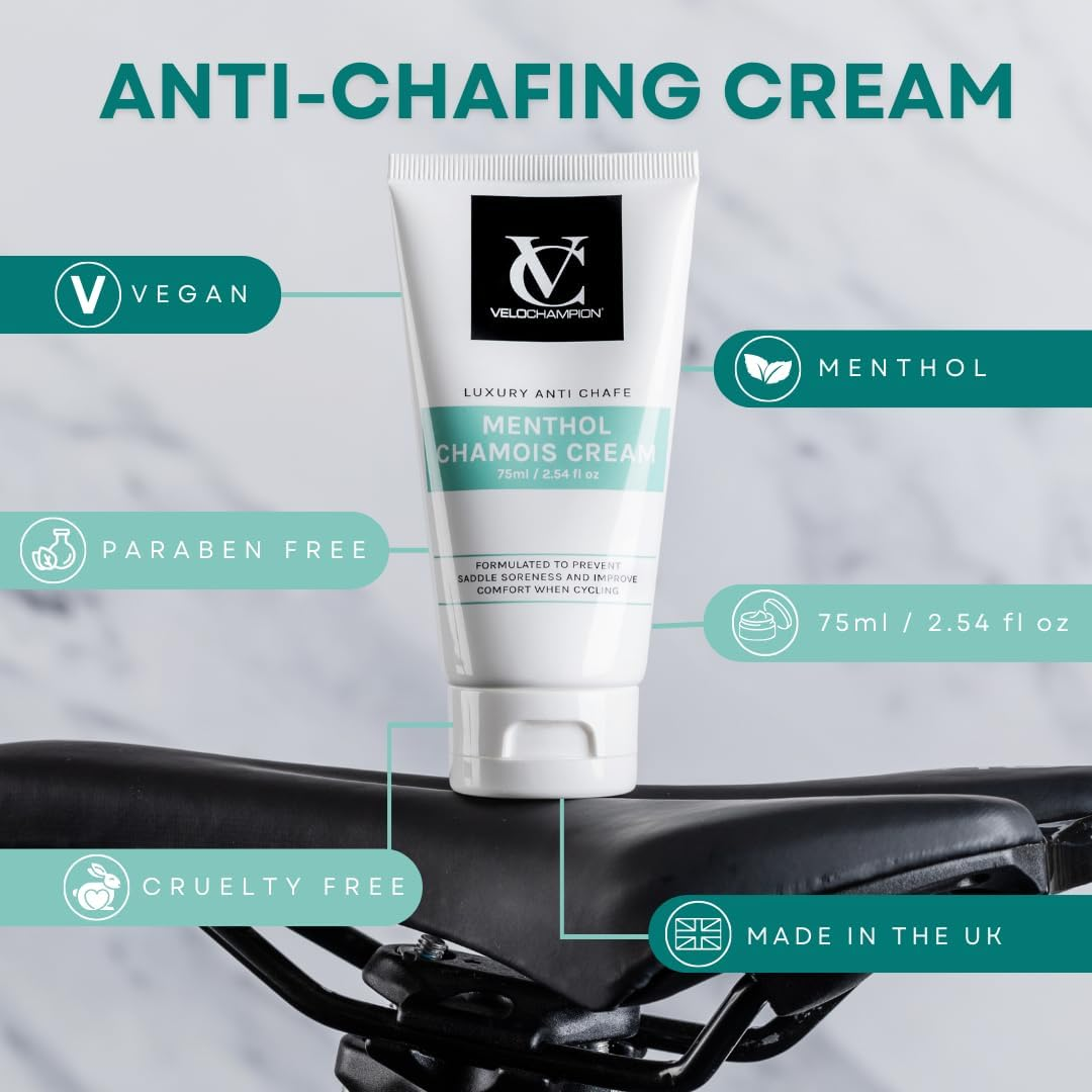 Velochampion Luxury Chamois Cream for Cyclists, Runners and Athletes | Vegan, Cooling, Hydrating anti Chafing Cream| Reduces Friction and Rubbing | Suitable for Men & Women