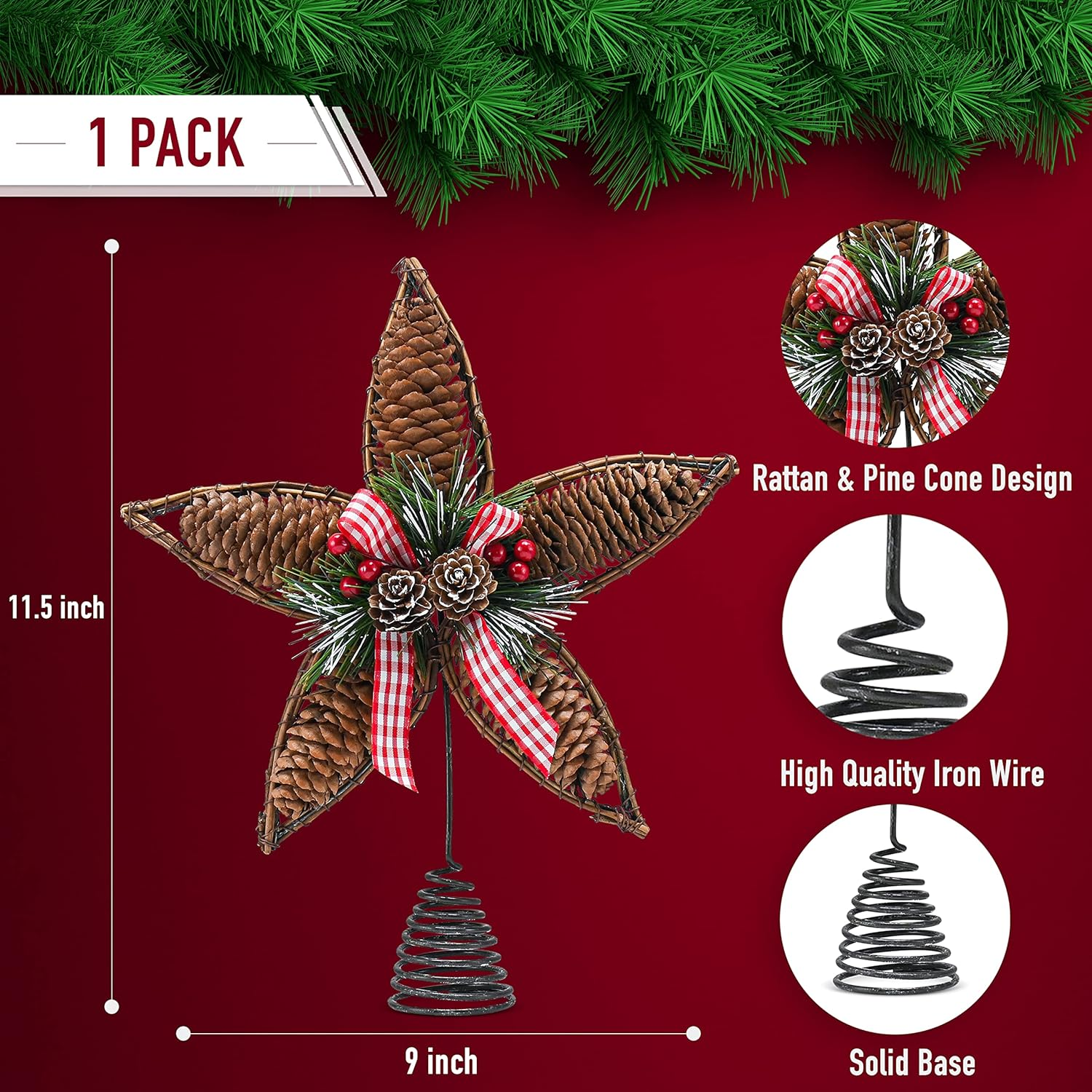 Ornativity Rattan Star Tree Topper - Christmas Rustic Acorn Pine Cone Tree Topper with Holly and Berry Decor Holiday Xmas Trees Top Decorations 11.5" image number 3