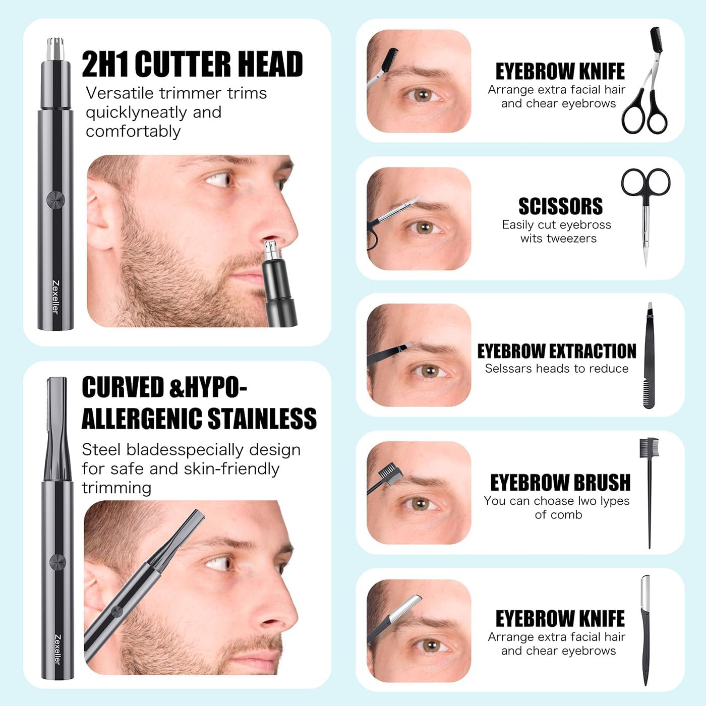 [Upgraded] Zexeller 9 in 1 Eyebrow Trimmer Precision Eyebrow Razor Electric Facial Hair Remover with Comb Facial Hair Trimmer Electric Epilator Eyebrow Kit Painless Easy Cleaning (Battery Included) image number 5