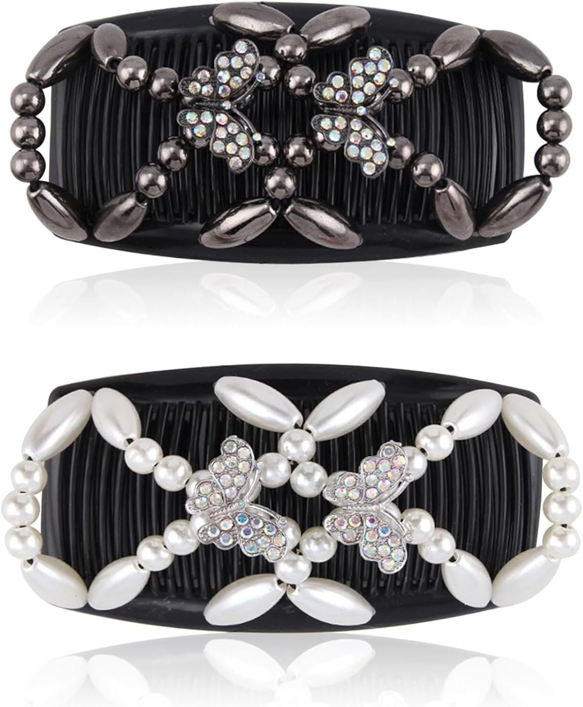 Pack of 4 Magic Hair Combs, Elastic Beads Hair Combs, Stretchy Double Hair Side Combs, Clips, Bun Maker, Headpiece for Women and Girls, DIY Hair Styling Accessories image number 3