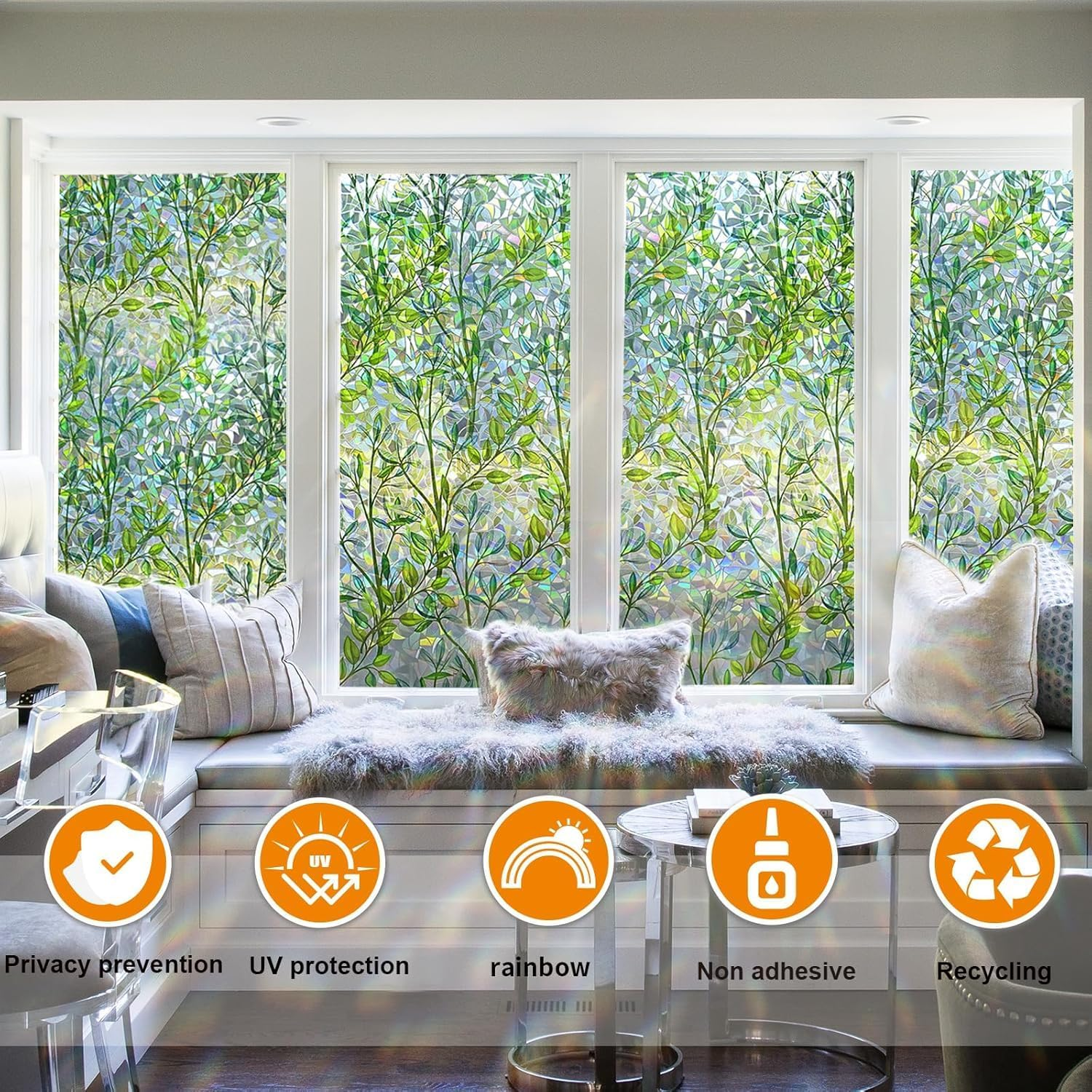 Window Privacy Film with Installation Tool,Stain Rainbow Window Film Sticker, Vinyl 3D Sticker, Removable, Static Adhesive, Thermal Control, UV Protection (44.5 * 200 Cm) image number 3