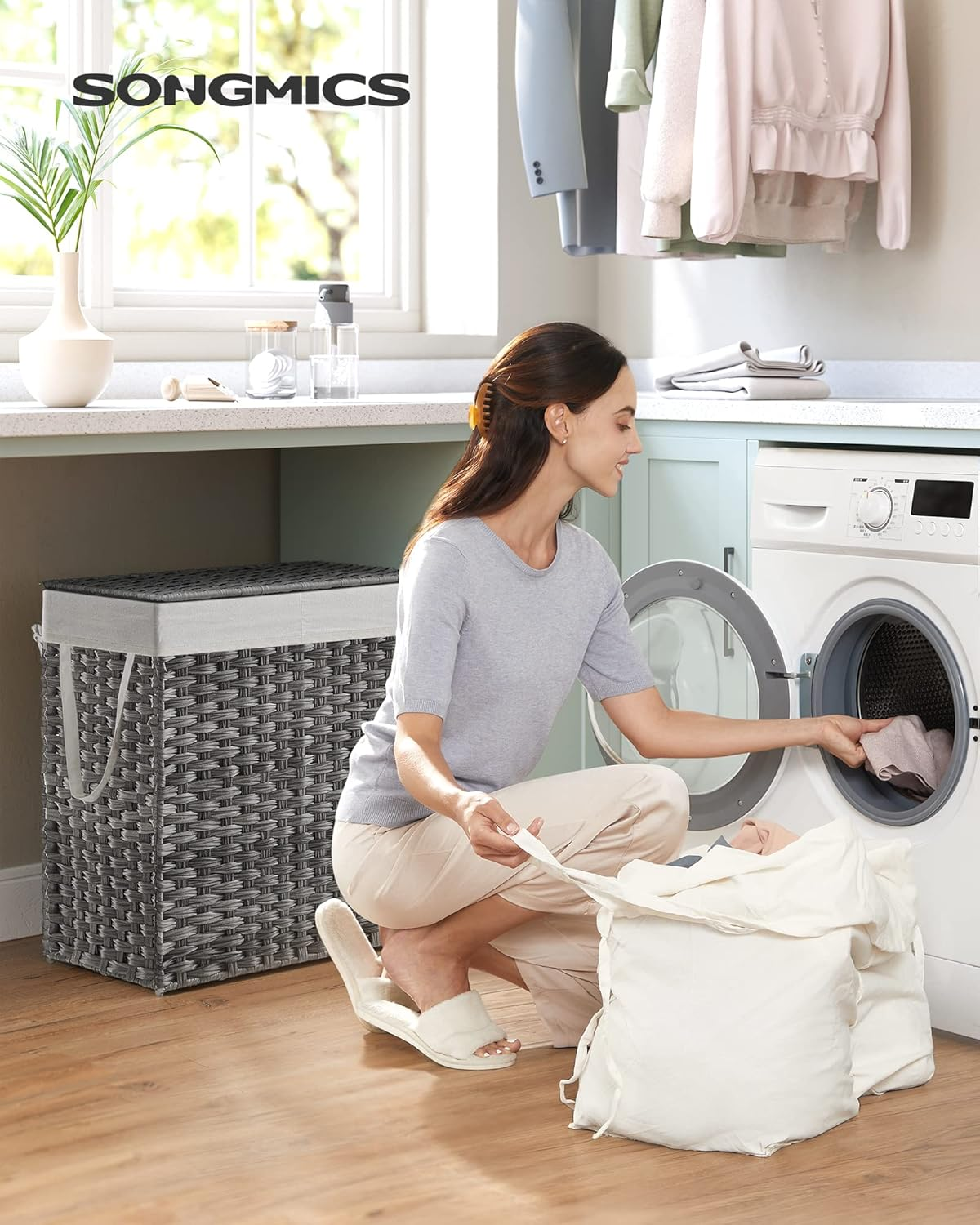 SONGMICS Laundry Hamper, 29 Gal (110L) Divided Laundry Basket with Removable Liner Bag, Synthetic Rattan Handwoven, with Lid and Handles, Foldable, 22.4 X 13 X 23.6 Inches, Gray ULCB52WG image number 6