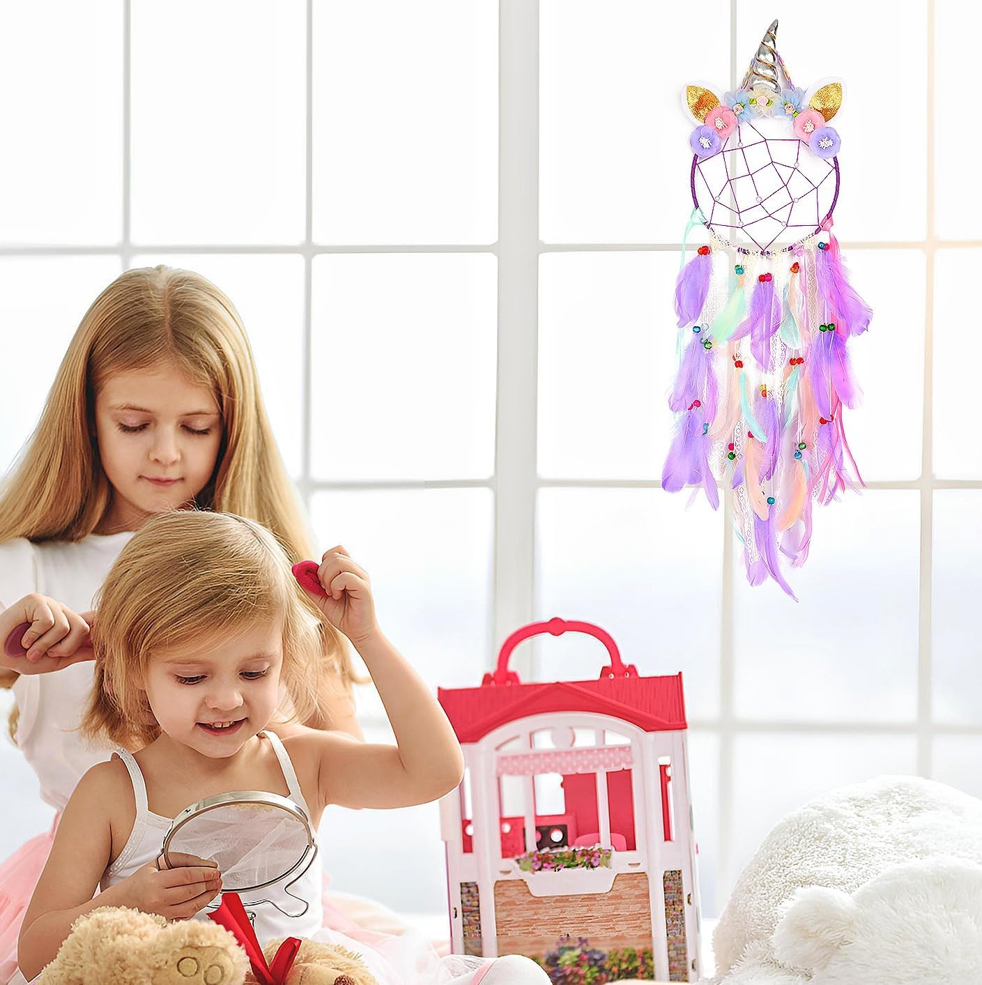 Taefuhnn Unicorn Dream Catcher Wall Hanging Ornament with Colorful Feathers Beads for Baby Girls Bedroom Decor, Purple Unicorn Dream Catcher for Home Decor Handmade Crafts Baby Shower Festival Gift image number 5