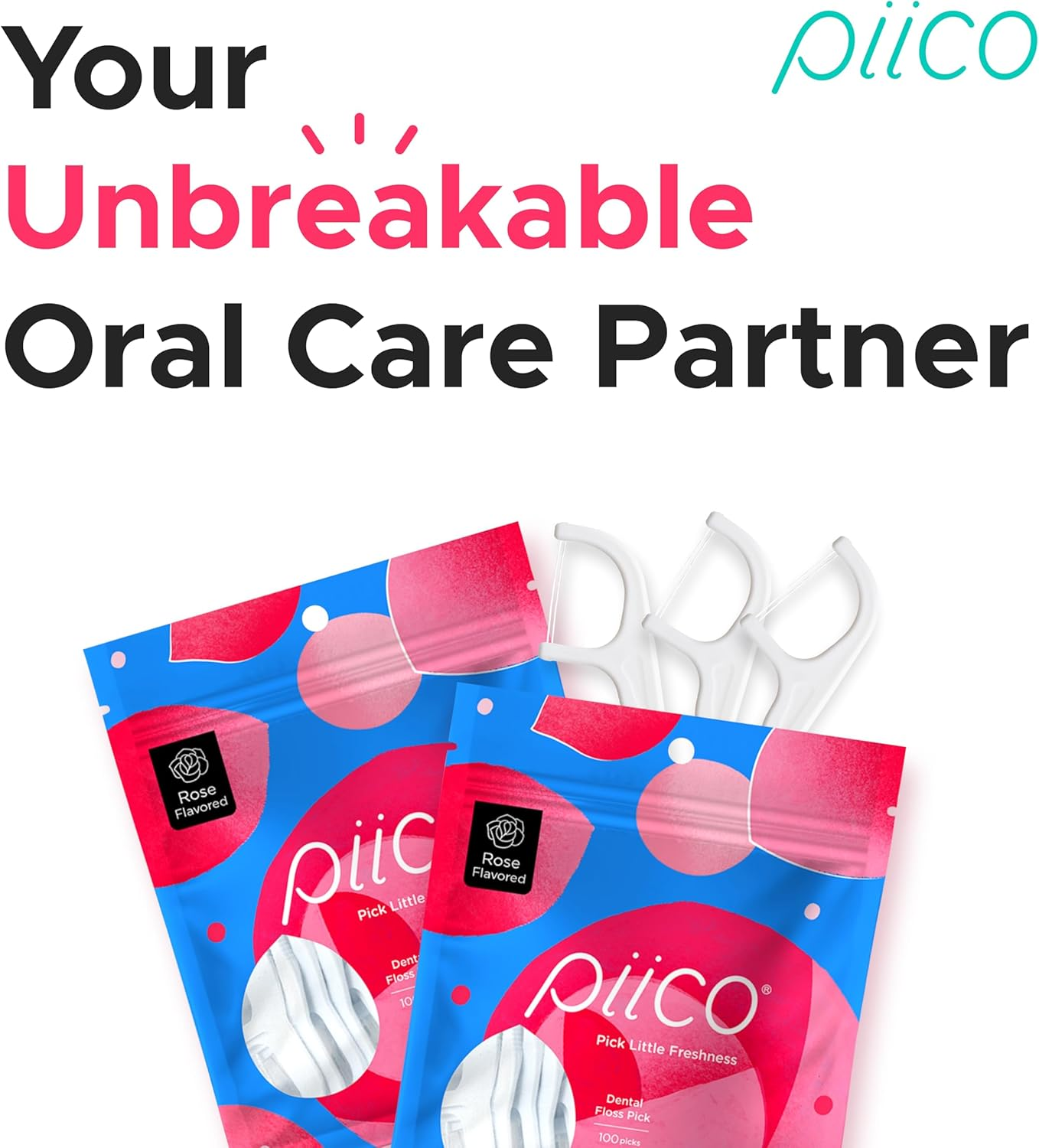 Piico Rose Floss Picks with Xylitol, 100 Counts, Unbreakable and Shred-Resistant Flossers for Adults, Resealable Pack, Long-Lasting Unique Flavored Dental Floss Picks, Doubles as Portable Dental Picks image number 4