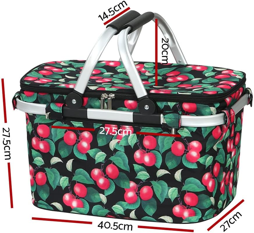 Alfresco Picnic Basket Bag, Insulated Collapsible Outdoor Food Storage Baskets Bags Cooler Hamper Camping Travel Hiking Beach Picnics, with Zippered Side Pocket Lightweight Aluminium Red Green image number 4