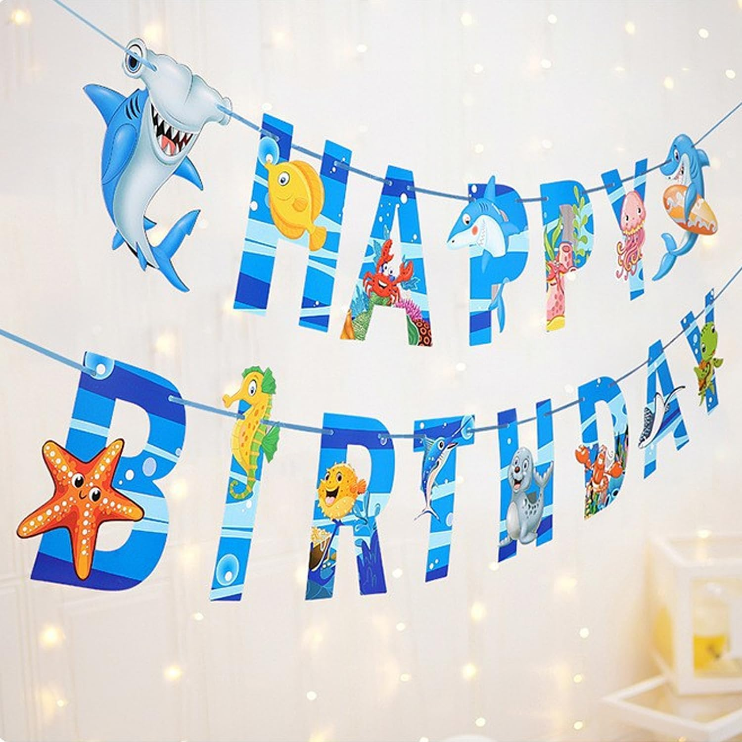 Ocean Theme Happy Birthday Decorations,Underwater World Banner 15 PCS Galaxy Party Sign, Birthday Party Decorations，Ocean Theme Decorations, Underwater World Party Supplies. image number 3