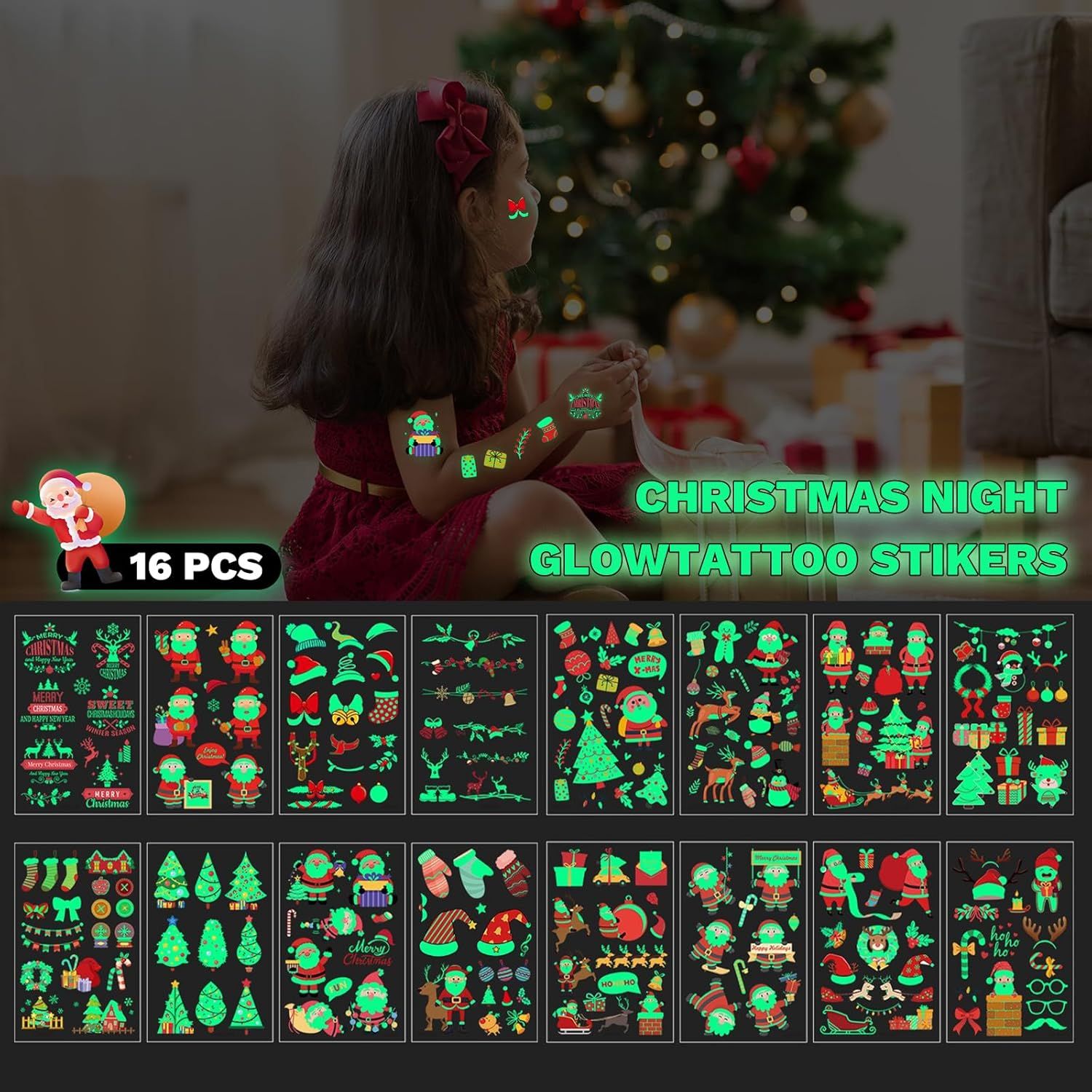 16 Sheets 210 Pieces Christmas Luminous Temporary Tattoos Stickers for Kids Adults, Cute Tattoo Decorations, Glow in the Dark Tattoos Waterproof Tattoos Stickers for Holiday Christmas Kids Gifts