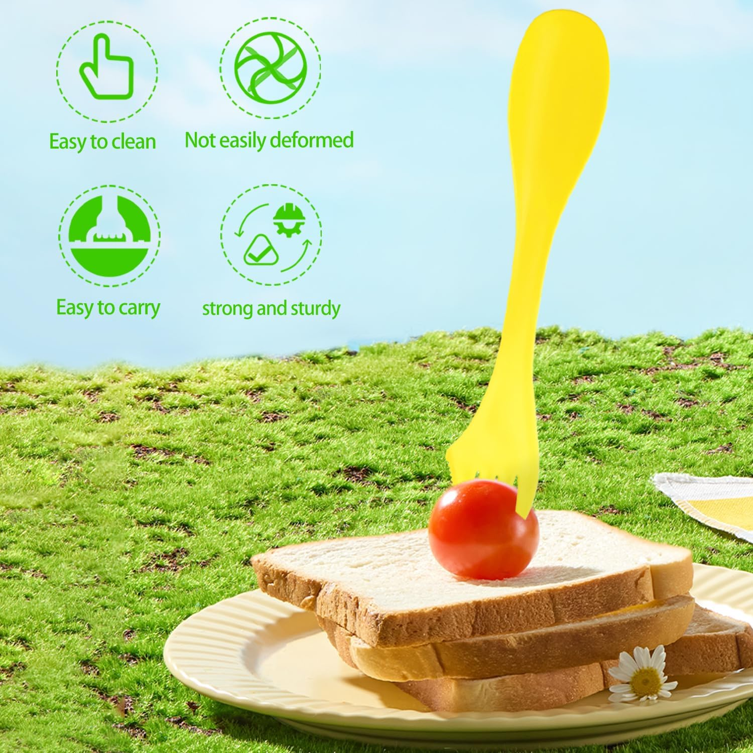 3 Pcs Plastic Spork, 3 in 1 Spork Portable Camping Cutlery Set Reusable Camping Spork Spoon Fork with Portable Pouch for Outdoors, Camping, Hiking Travel (Red&Green&Yellow) image number 5