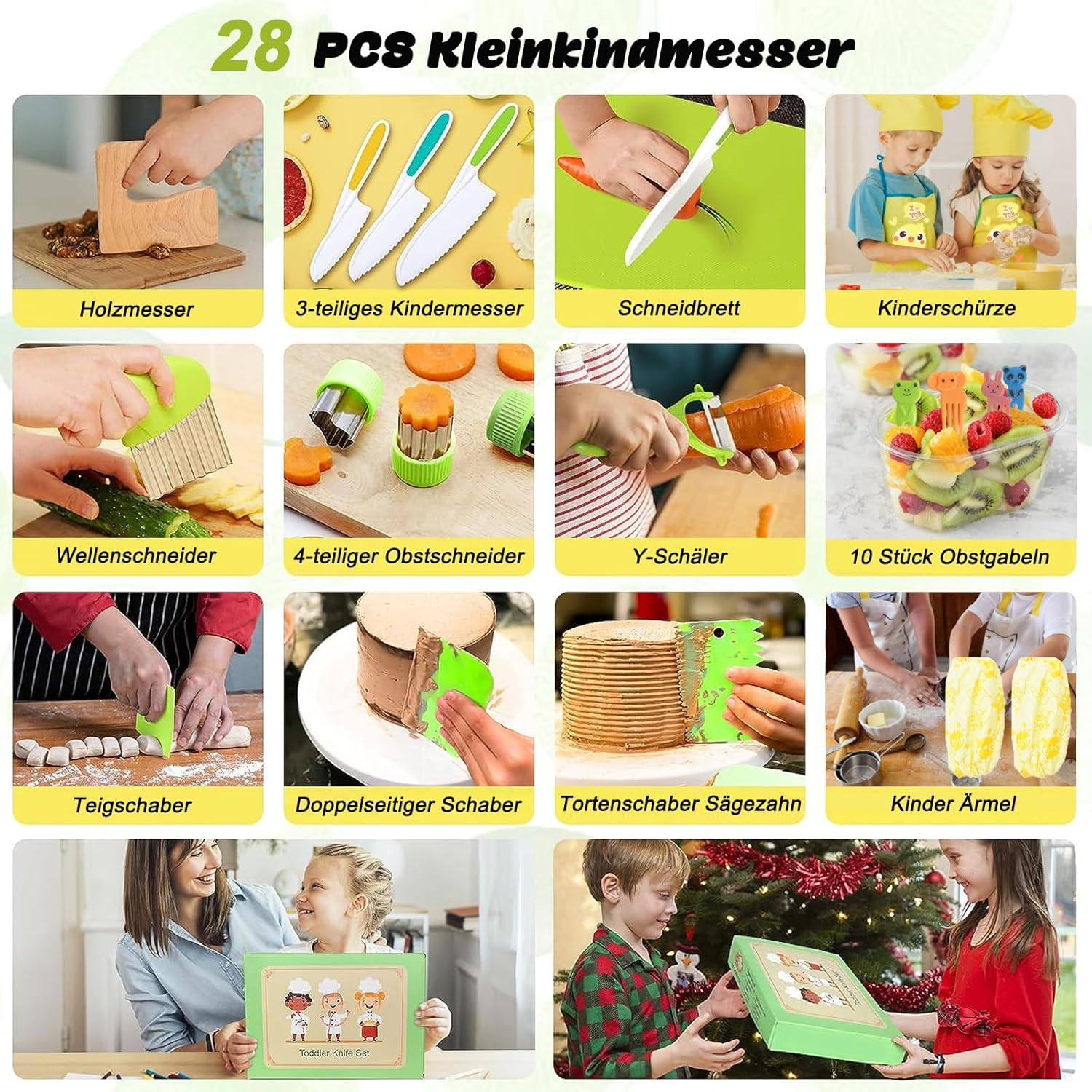28 PCS Kids Safe Knives Set: Toddler Knife Set for Real Cooking, Kids' Cooking Kits Kitchen Tool Toy for 2-10 Boy Girl Birthday Gift - White Green-4Pcs image number 3