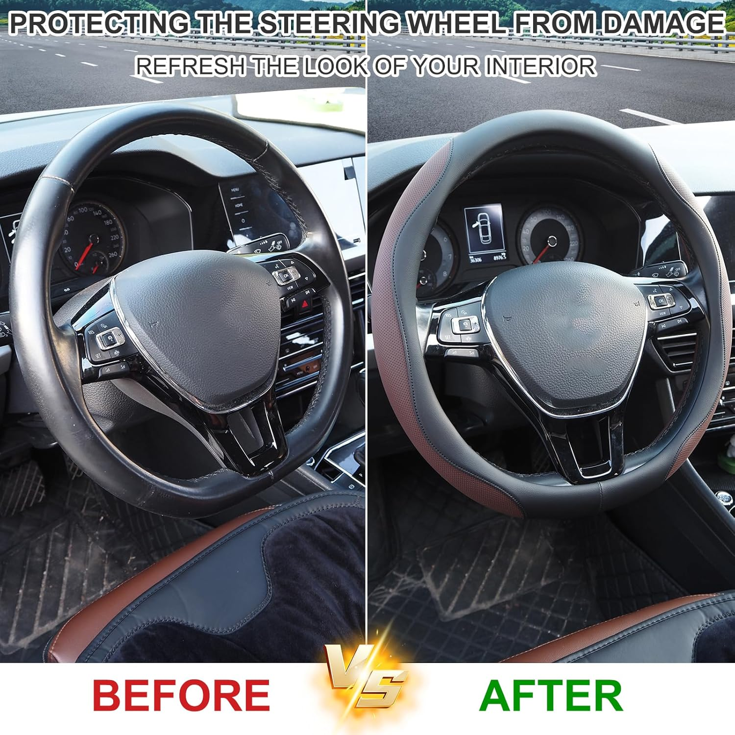 Nappa Leather Car Steering Wheel Cover, anti Slip, Thin, Breathable, Odor-Free, Universal 14.5-15 Inches Fit, Car Steering Wheel Cover Full Surround Aeecssories (Black B-Nappa Leather) image number 2