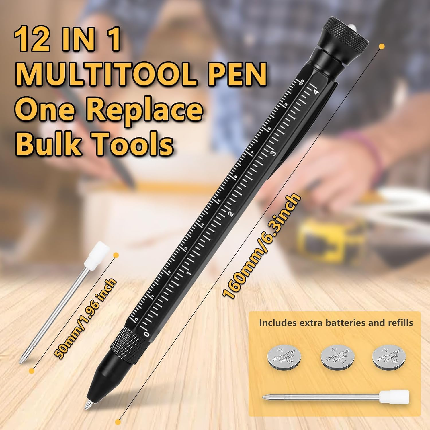 Gifts for Men, 12 in 1 Multitool Pen with Stress Relief Accessory, Flashlight Pen Bottle/Box Opener Hook Remover Lightweight Wrench, Cool Gadgets Tools for Dad, Husband, Grandpa, Unique Birthday Gifts image number 3
